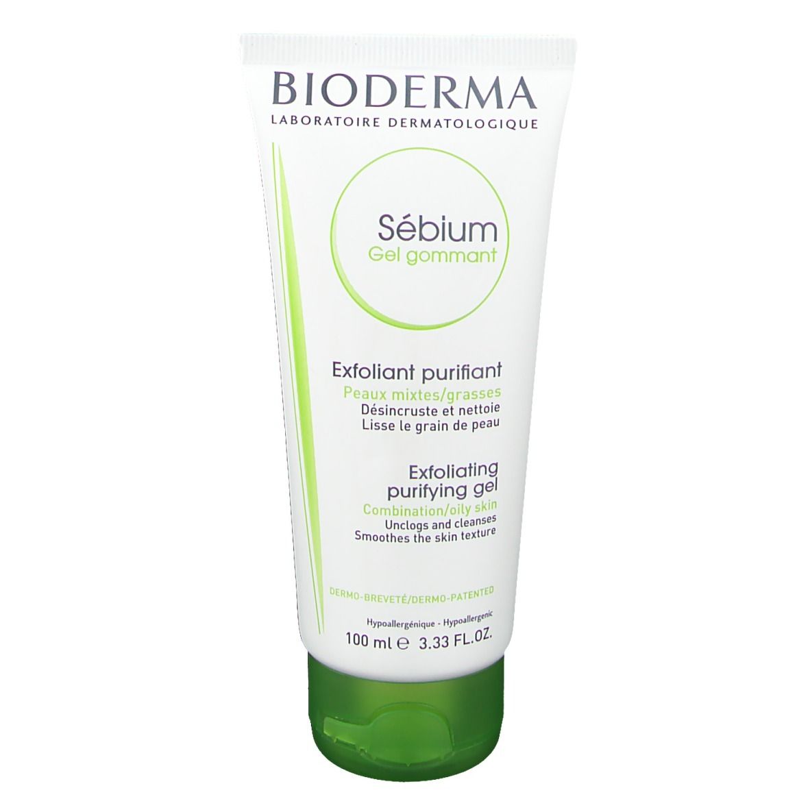 Tubo bianco con tappo verde. Scritta: BIODERMA, Sébium Gel gommant, Exfoliant purifiant, Exfoliating purifying gel.