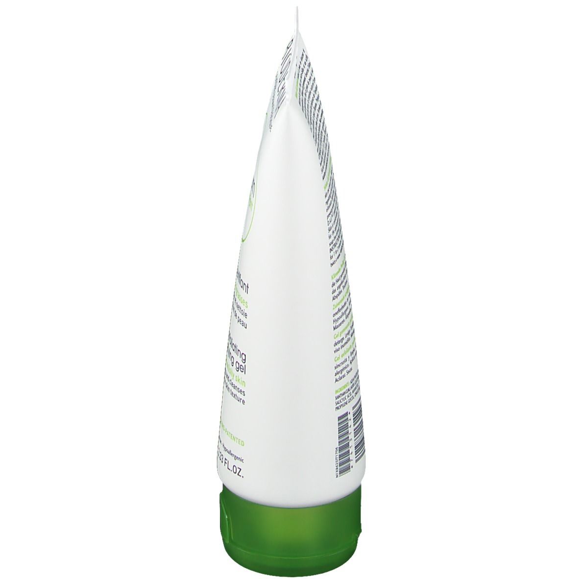 Vista laterale di un tubo bianco con tappo verde. Scritte e testo in verde.