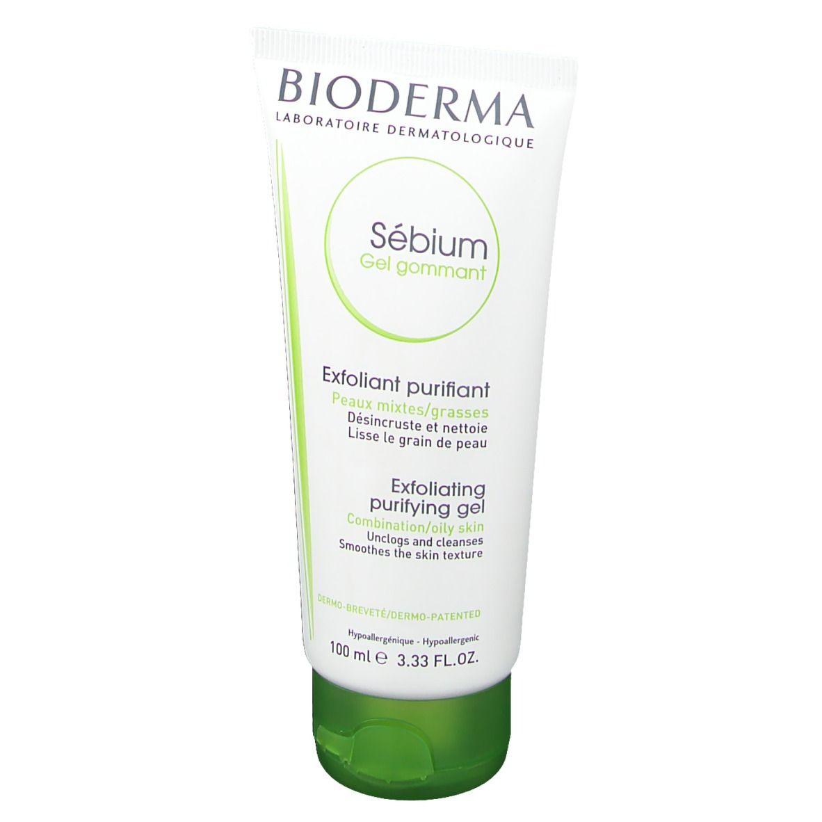 Tubo bianco con tappo verde. Scritta: BIODERMA, Sébium Gel gommant, Exfoliant purifiant, Exfoliating purifying gel.