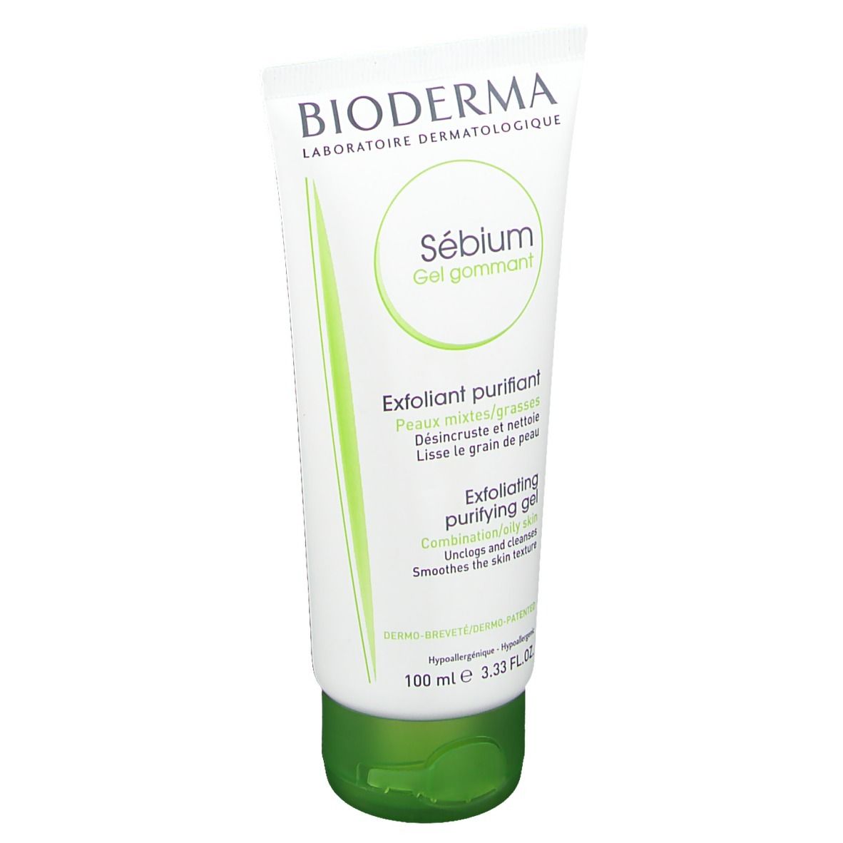 Tubo bianco con tappo verde. Scritta: BIODERMA, Sébium Gel gommant, Exfoliant purifiant, Exfoliating purifying gel.