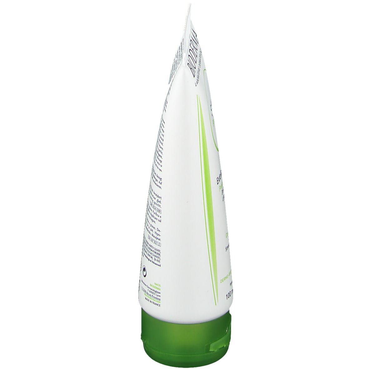 Vista laterale di un tubo bianco con tappo verde. Scritte e testo in verde.