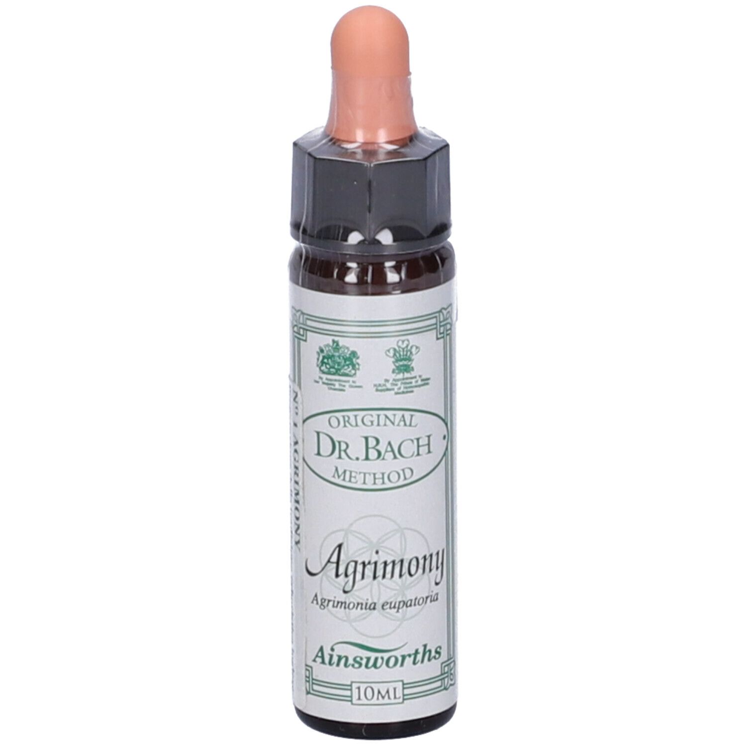 Flacone di vetro marrone con contagocce. Scritta Original Dr. Bach Method, Agrimony, Ainsworths. 10ml.