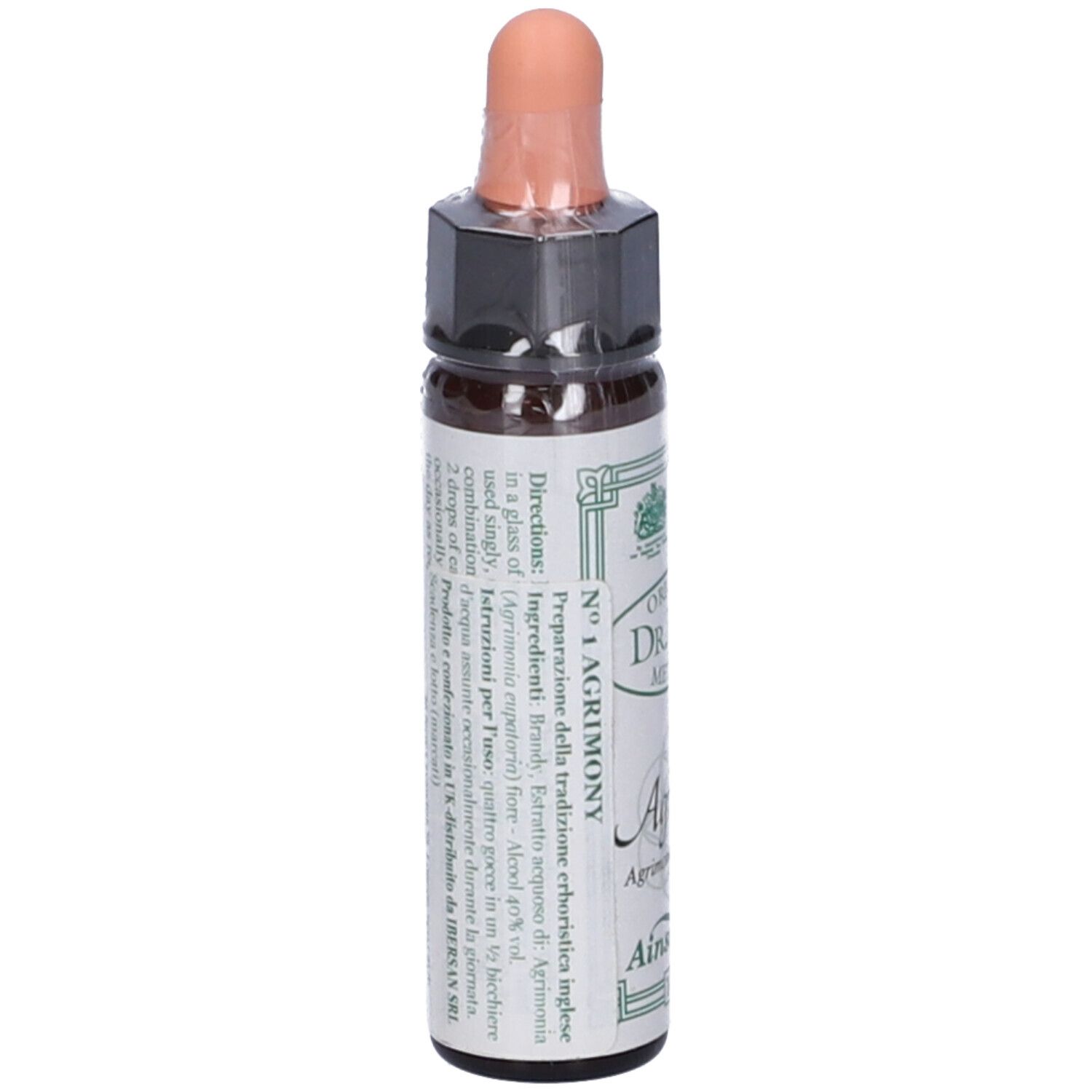 Flacone di vetro marrone con contagocce. Scritta Original Dr. Bach Method, Agrimony, Ainsworths. 10ml. Testo sul retro.