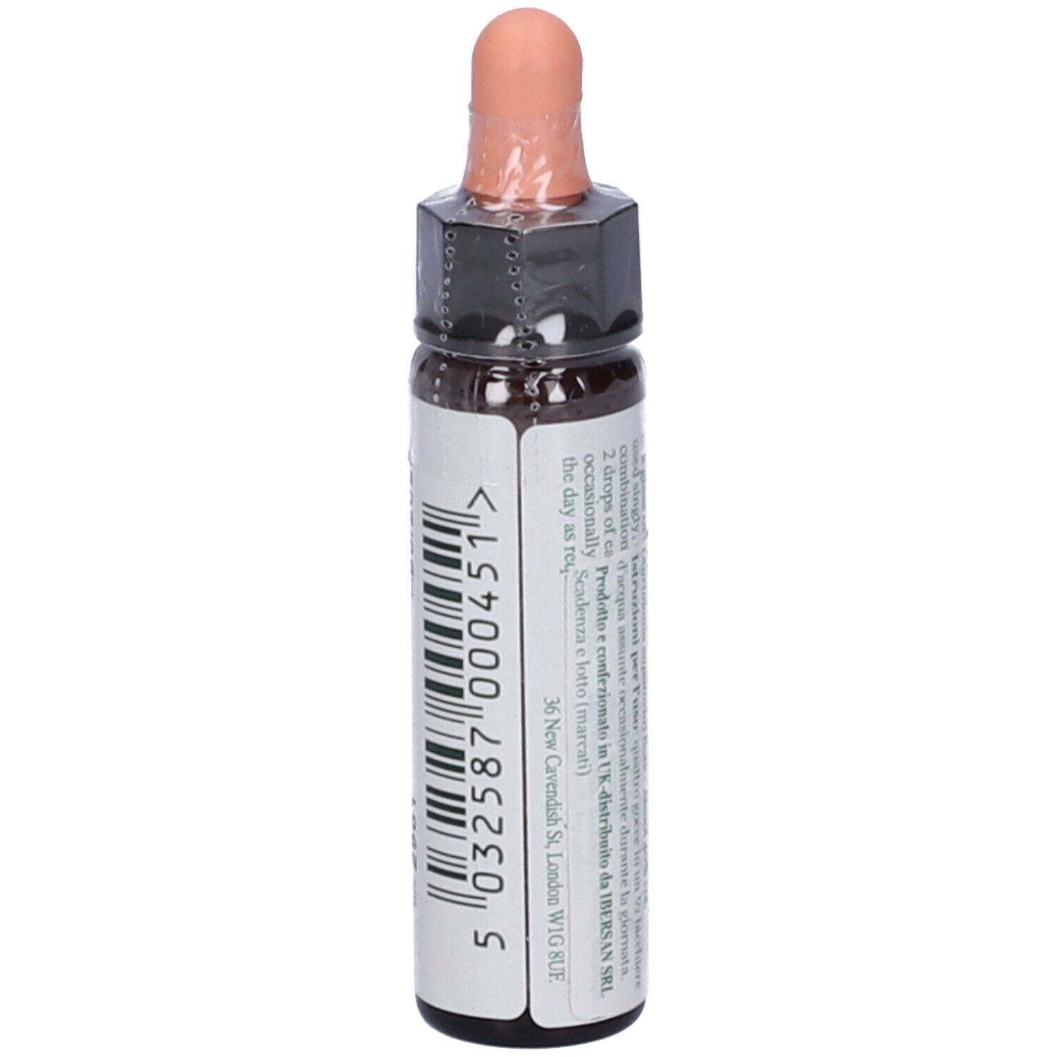 Flacone di vetro marrone con contagocce. Scritta Original Dr. Bach Method, Agrimony, Ainsworths. 10ml. Codice a barre.