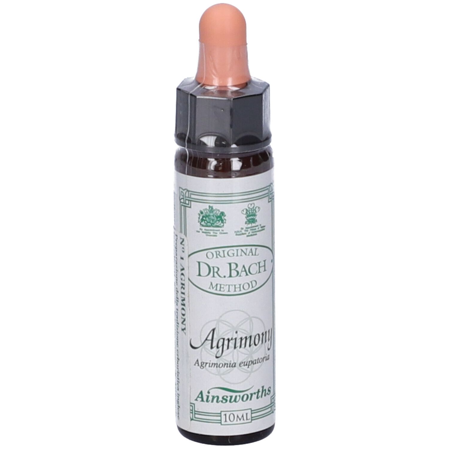 Flacone di vetro marrone con contagocce. Scritta Original Dr. Bach Method, Agrimony, Ainsworths. 10ml.