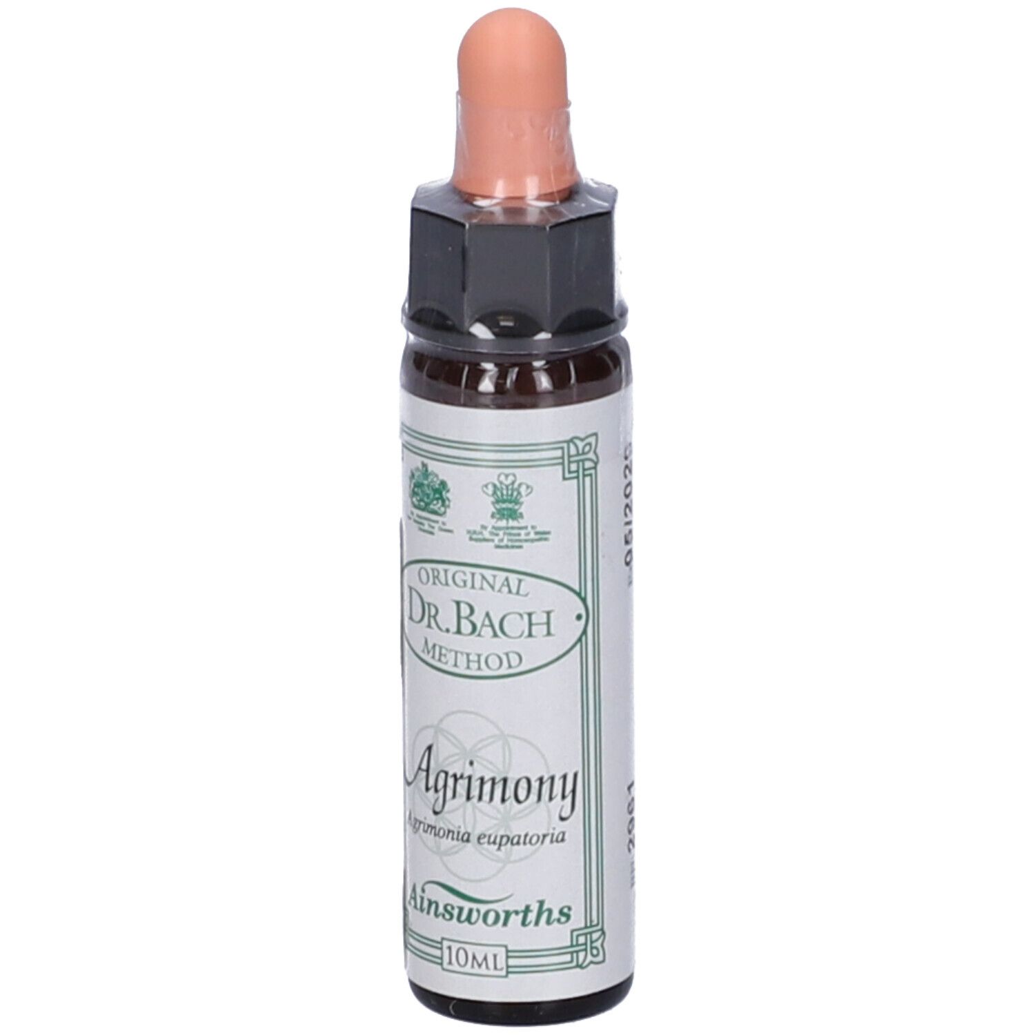 Flacone di vetro marrone con contagocce. Scritta Original Dr. Bach Method, Agrimony, Ainsworths. 10ml.