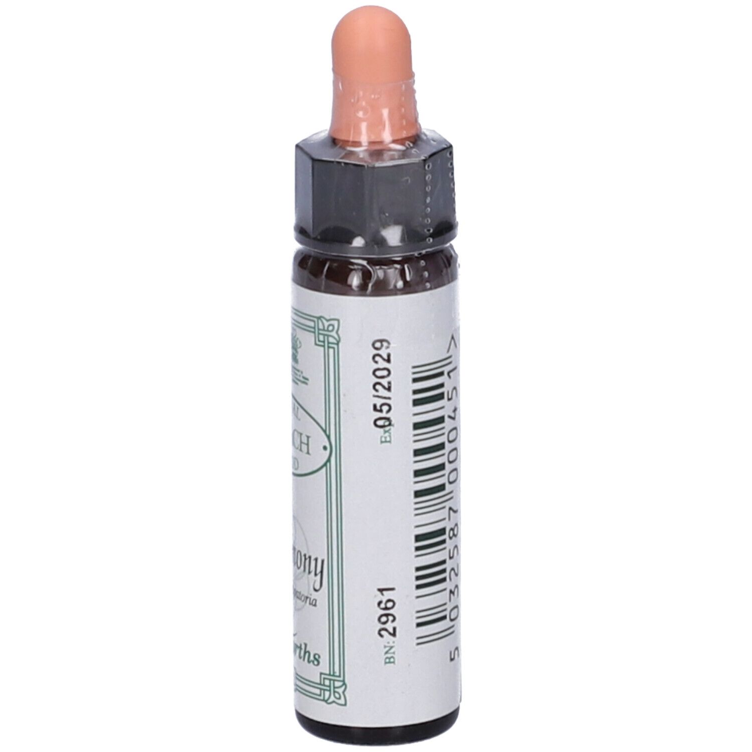 Flacone di vetro marrone con contagocce. Scritta Original Dr. Bach Method, Agrimony, Ainsworths. 10ml. Data di scadenza.