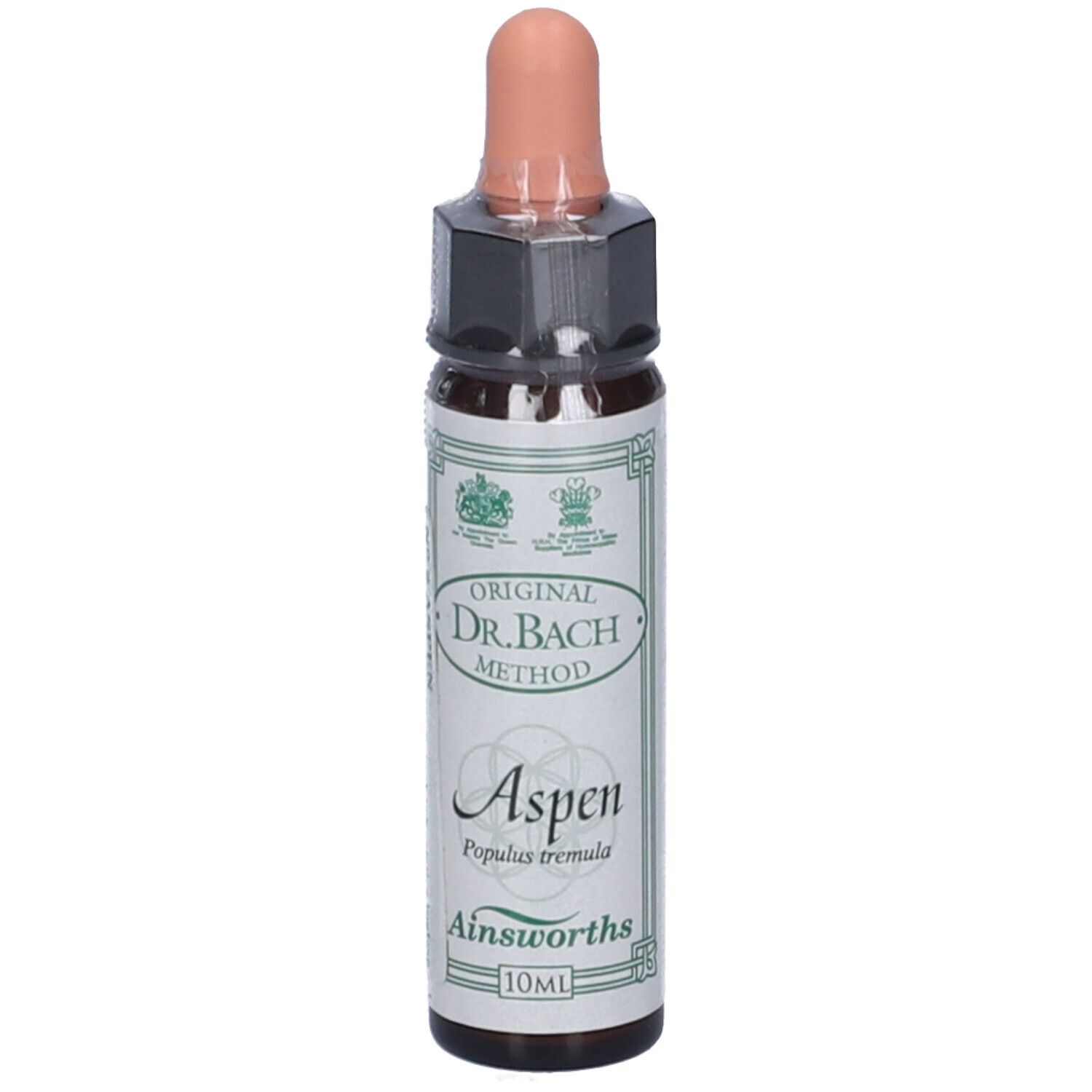 Flacone di vetro marrone con contagocce. Etichetta con testo: Aspen, Ainsworths, 10ml. Original Dr. Bach Method. Sigillato.