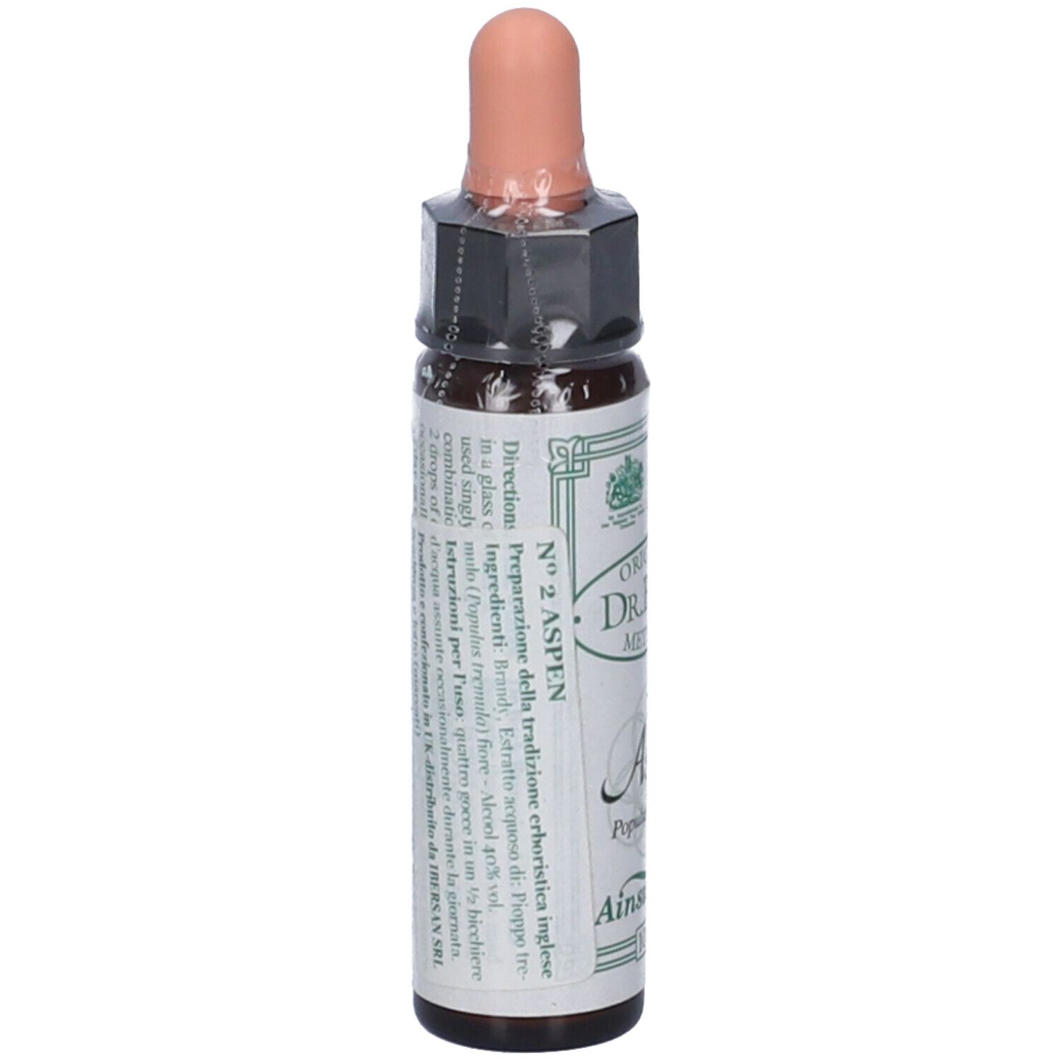 Flacone di vetro marrone con contagocce. Etichetta con testo: N°2 Aspen. Original Dr. Bach Method. Sigillato.