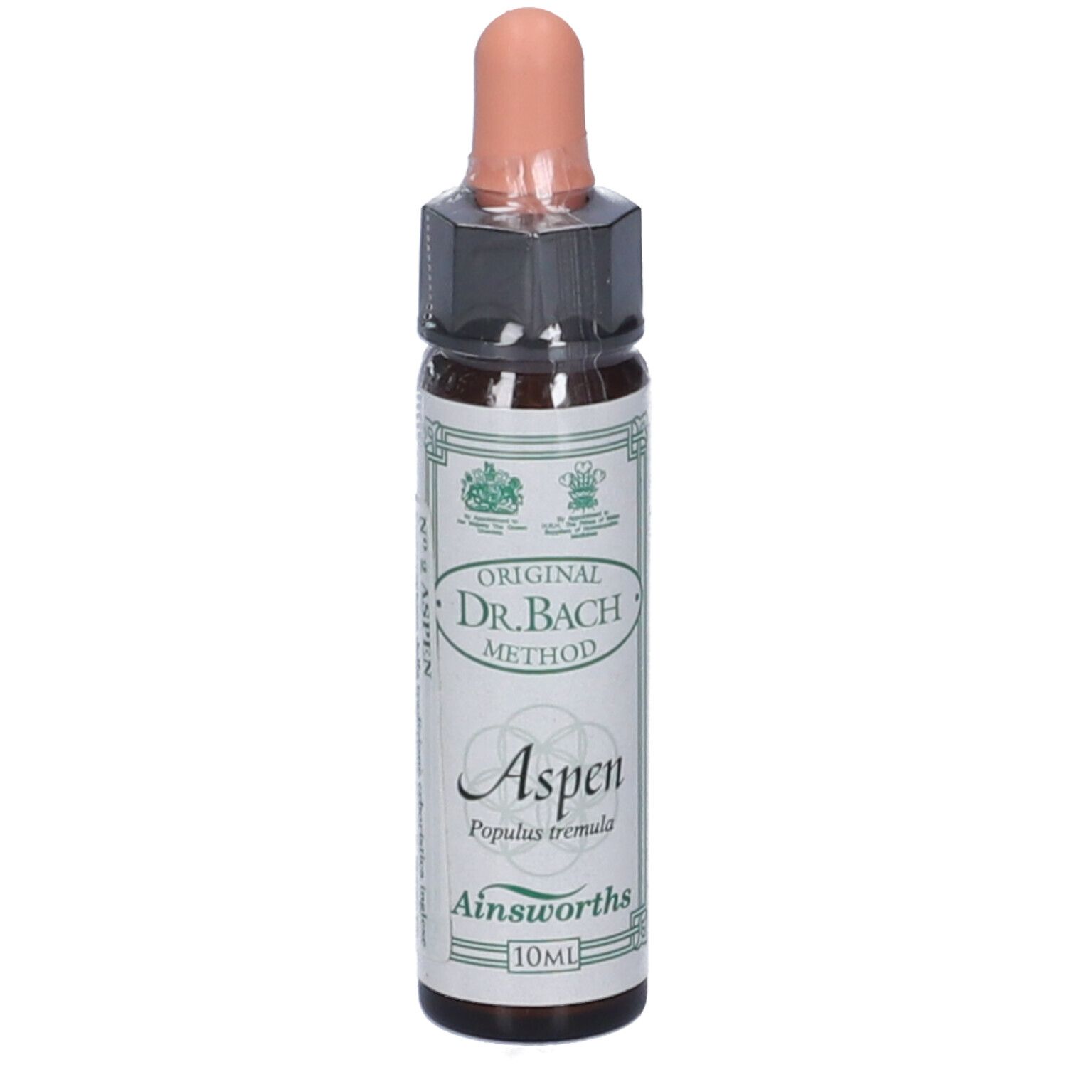 Flacone di vetro marrone con contagocce. Etichetta con testo: Aspen, Ainsworths, 10ml. Original Dr. Bach Method. Sigillato.