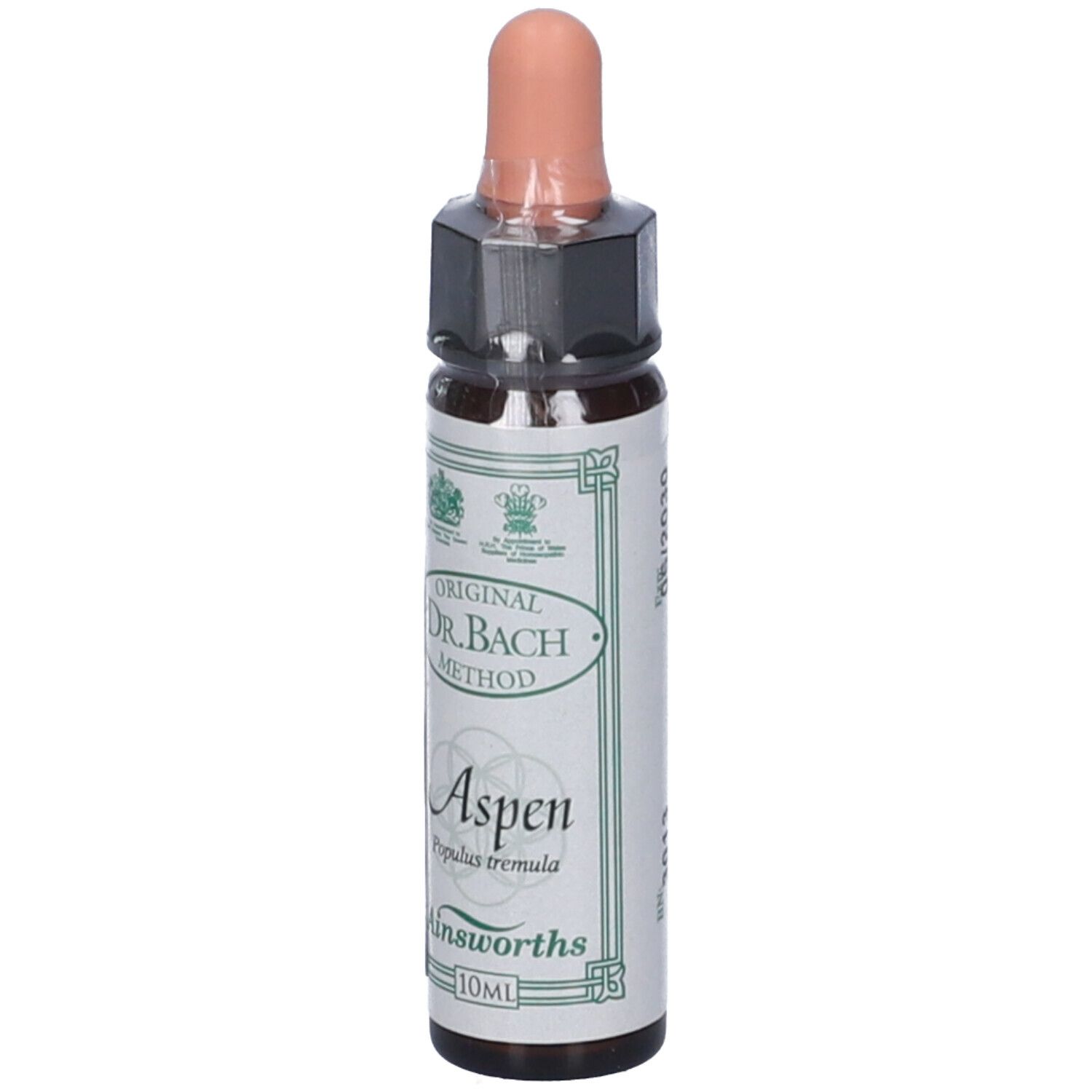 Flacone di vetro marrone con contagocce. Etichetta con testo: Aspen, Ainsworths, 10ml. Original Dr. Bach Method. Sigillato.