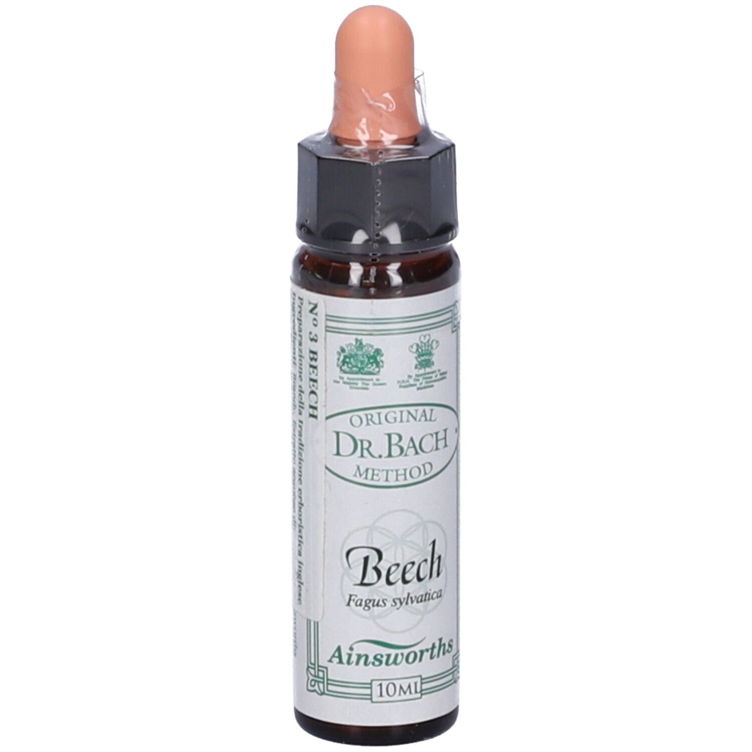 Flacone di vetro marrone con contagocce. Scritte: Original Dr. Bach Method, Beech, Ainsworths, 10ml. Etichetta con logo.