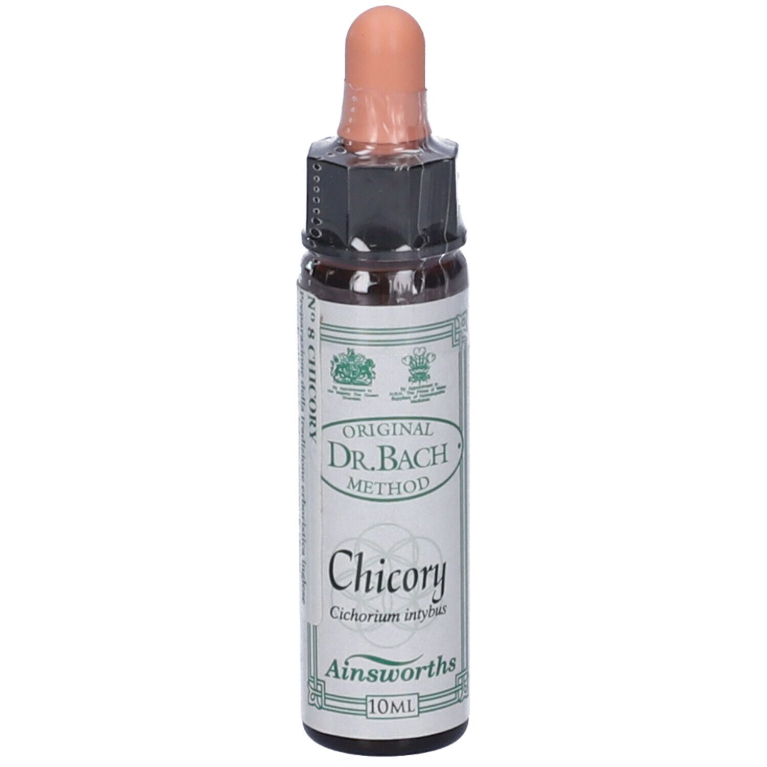 Flacone di vetro marrone con contagocce. Scritte: Original Dr. Bach Method, Chicory, Ainsworths, 10ml.