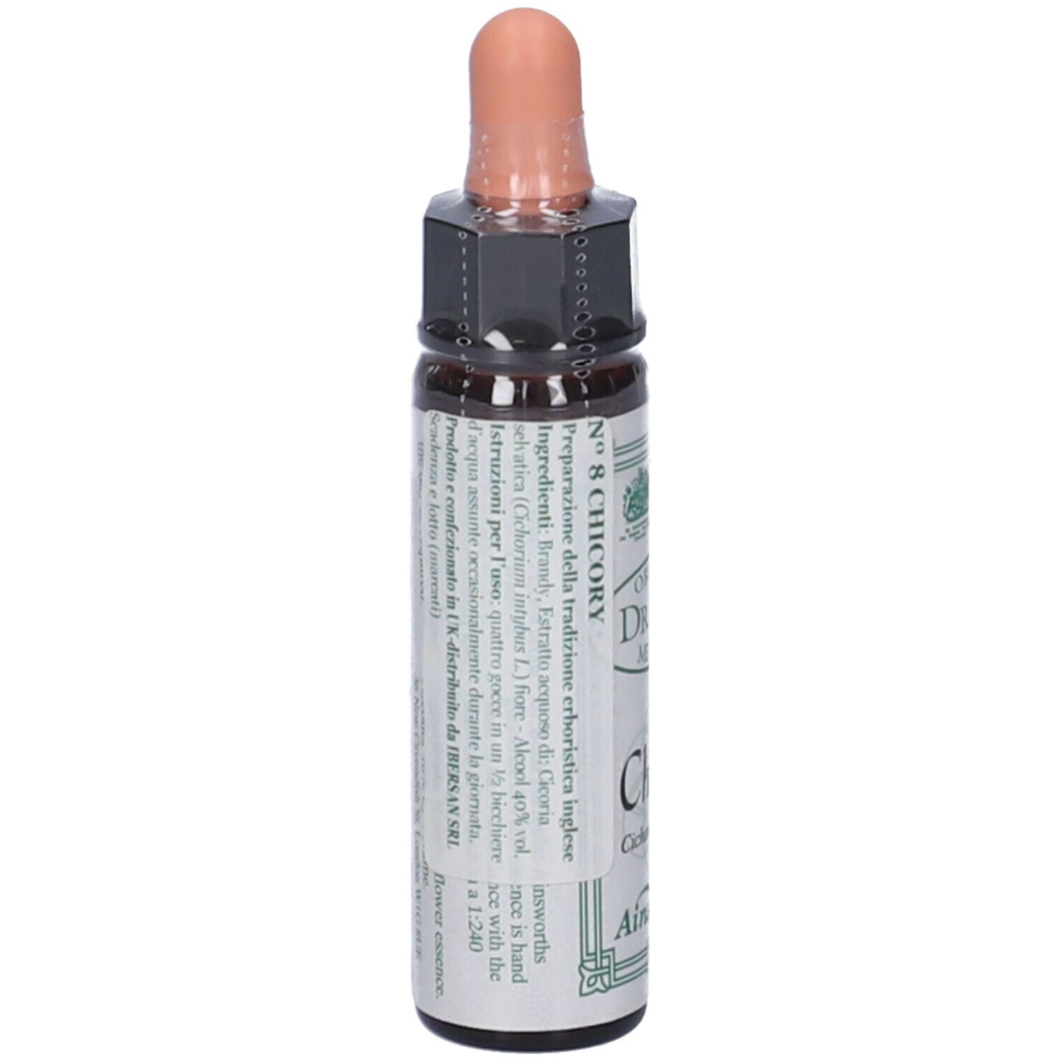 Flacone di vetro marrone con contagocce. Scritte: Original Dr. Bach Method, Chicory, Ainsworths, 10ml.
