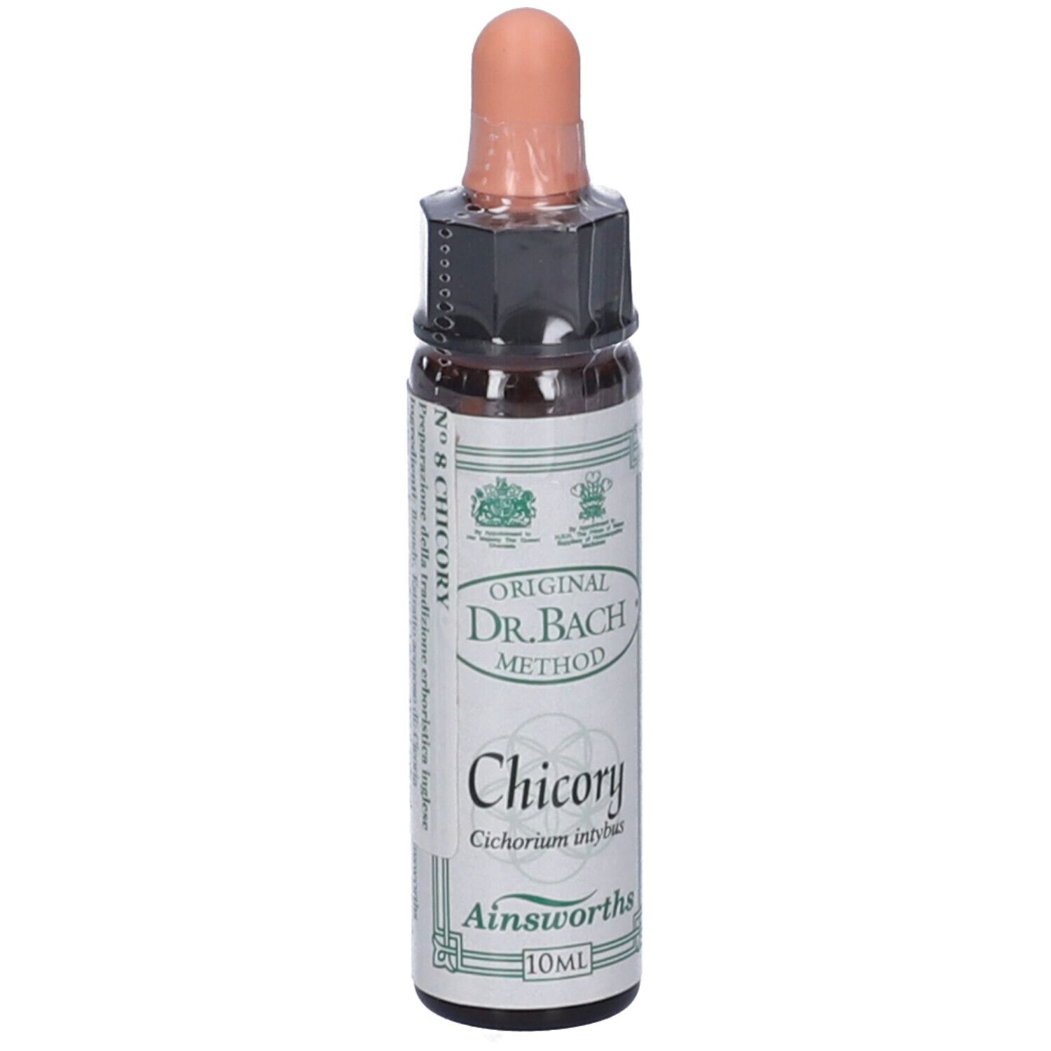 Flacone di vetro marrone con contagocce. Scritte: Original Dr. Bach Method, Chicory, Ainsworths, 10ml.
