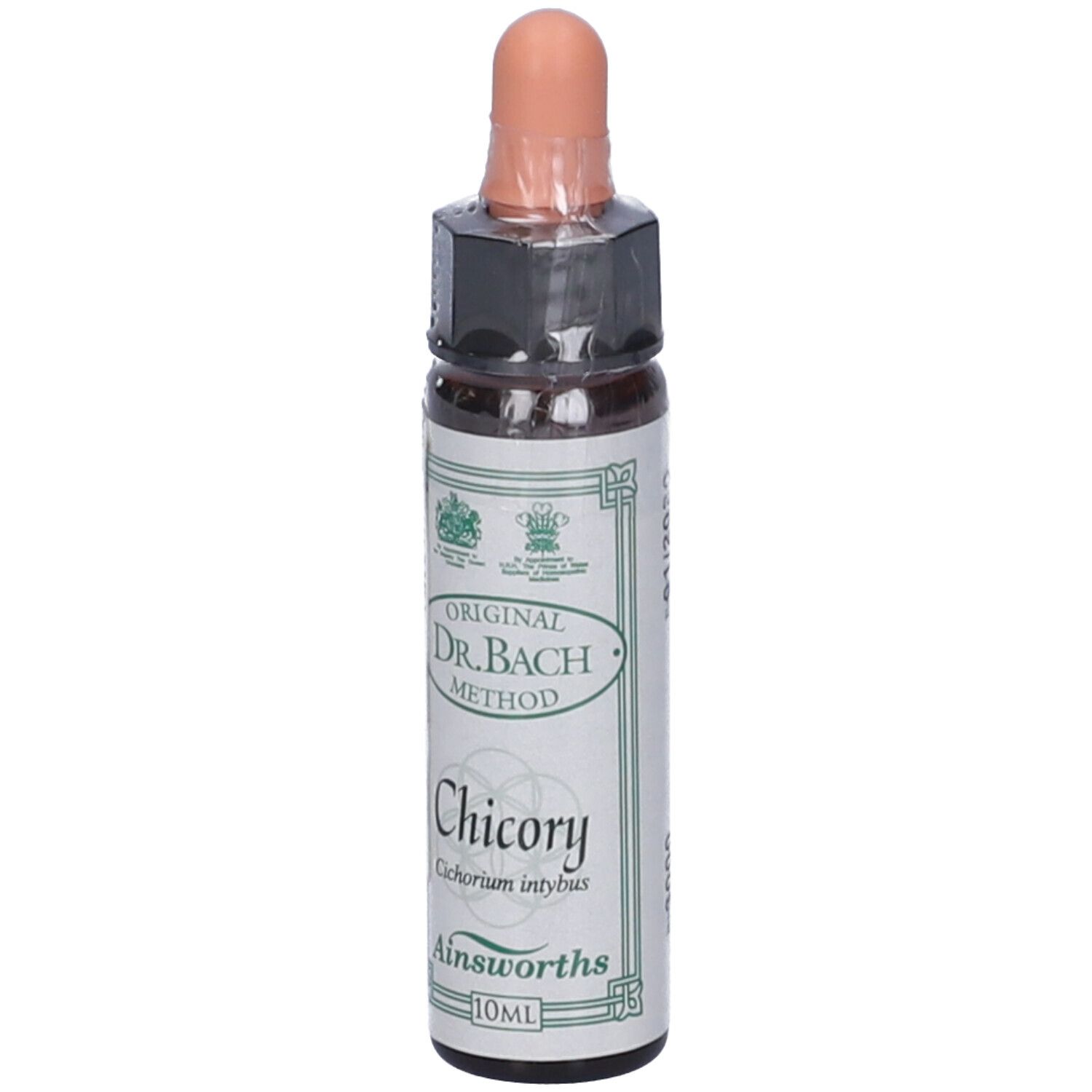 Flacone di vetro marrone con contagocce. Scritte: Original Dr. Bach Method, Chicory, Ainsworths, 10ml.