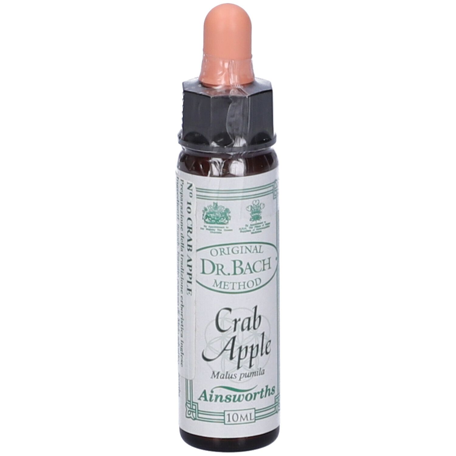 Flacone di vetro marrone con contagocce. Scritta: Crab Apple, Dr. Bach Method, Ainsworths.