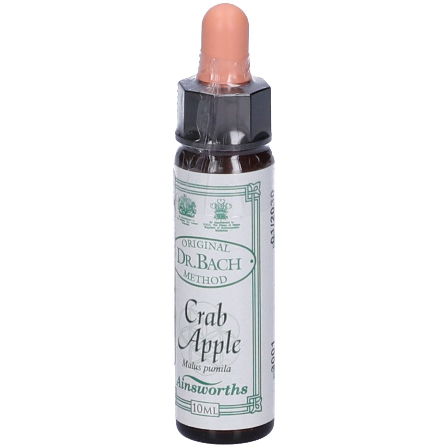 Flacone di vetro marrone con contagocce. Scritta: Crab Apple, Dr. Bach Method, Ainsworths.