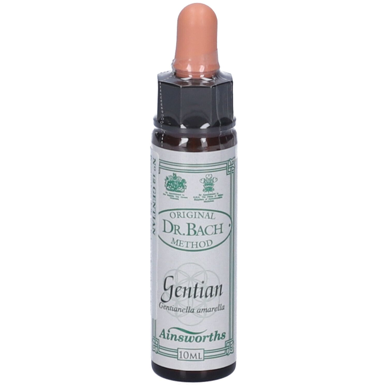 Flacone di vetro marrone con contagocce. Scritta: Original Dr. Bach Method, Gentian, Ainsworths, 10ml.