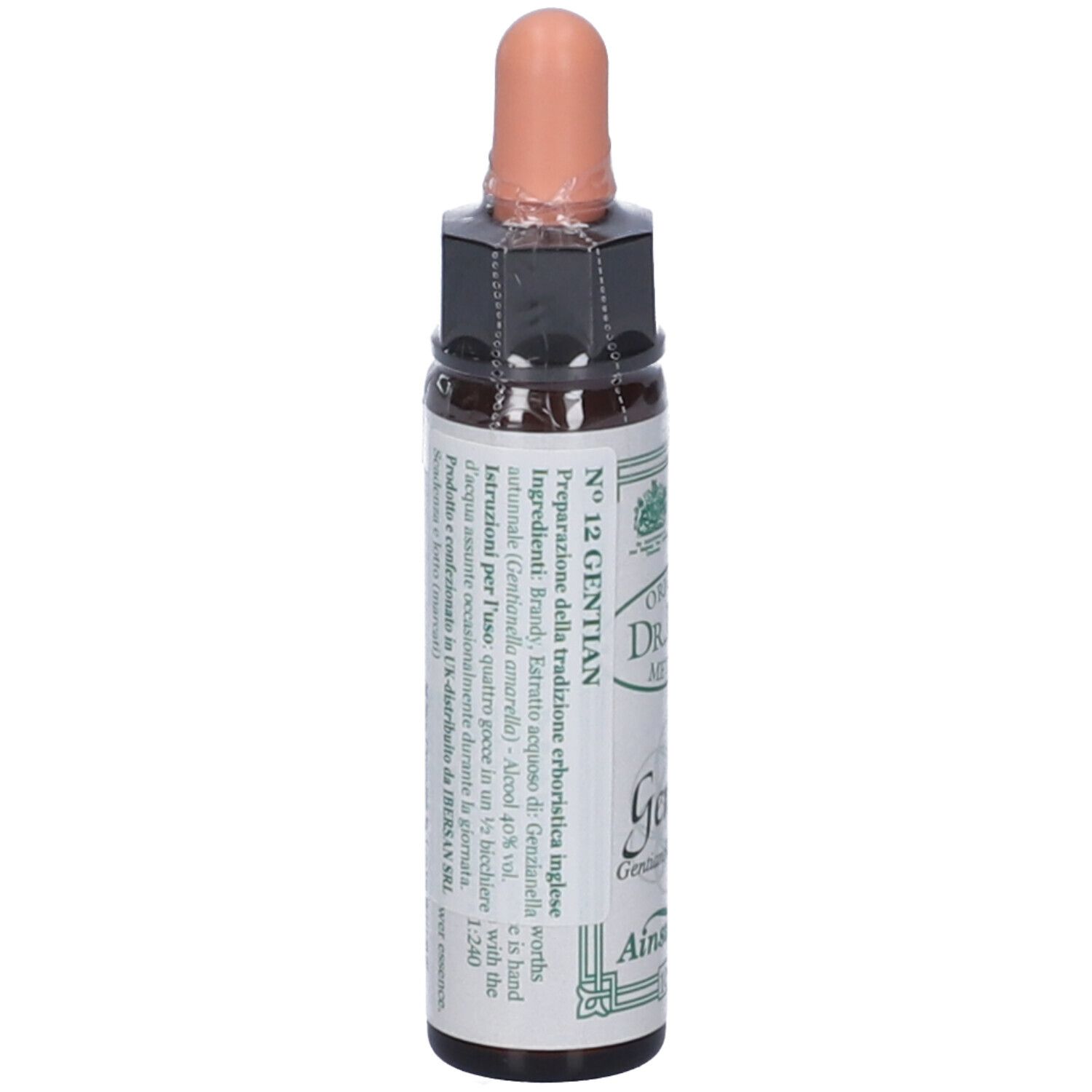 Flacone di vetro marrone con contagocce. Scritta: N° 12 Gentian, Original Dr. Bach Method, Gentian, Ainsworths.
