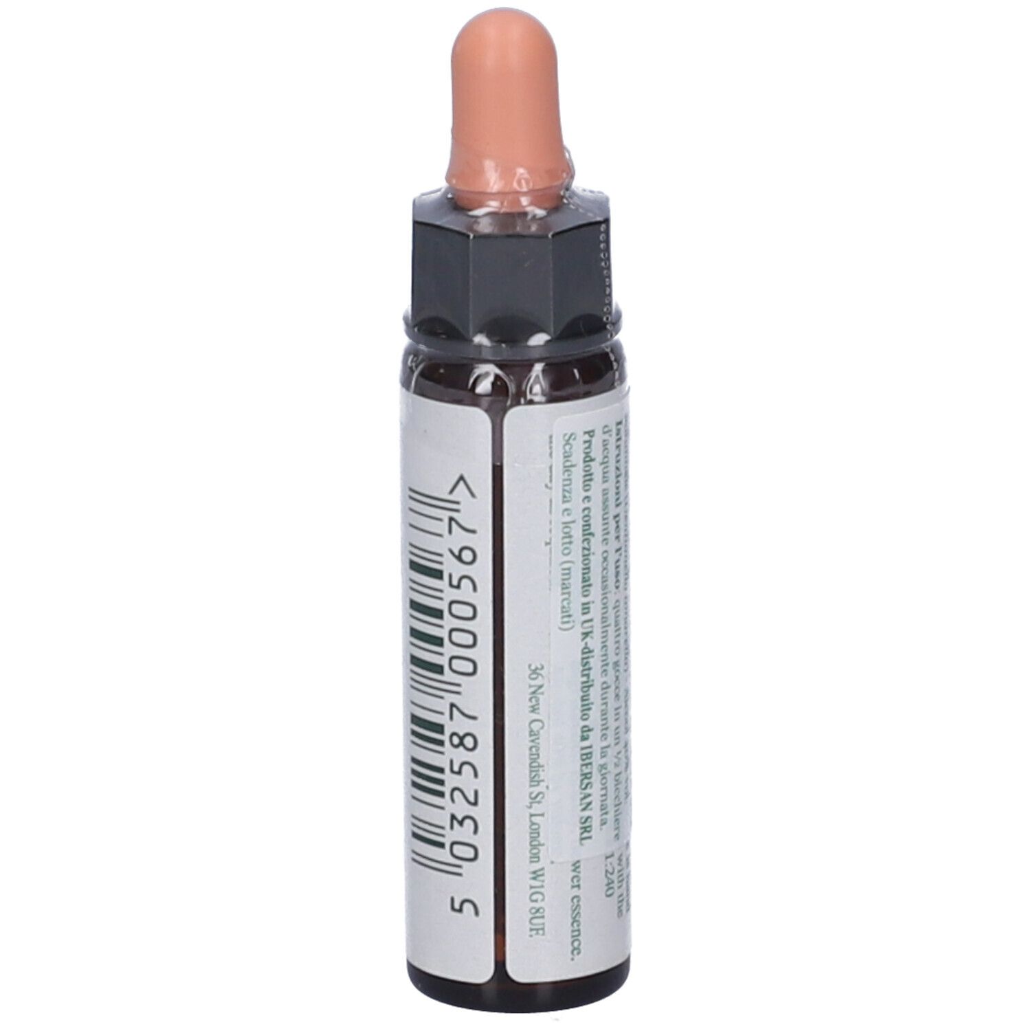 Flacone di vetro marrone con contagocce. Scritta: 5 032587 000567.