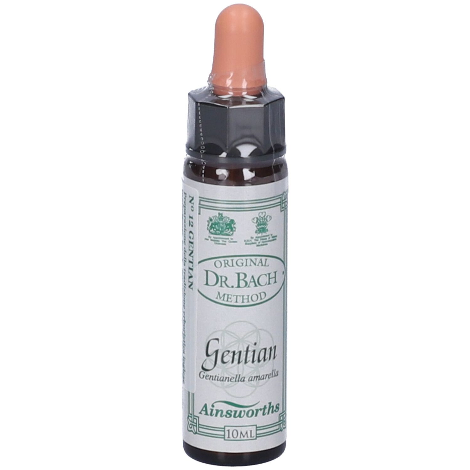 Flacone di vetro marrone con contagocce. Scritta: N° 12 Gentian, Original Dr. Bach Method, Gentian, Ainsworths, 10ml.