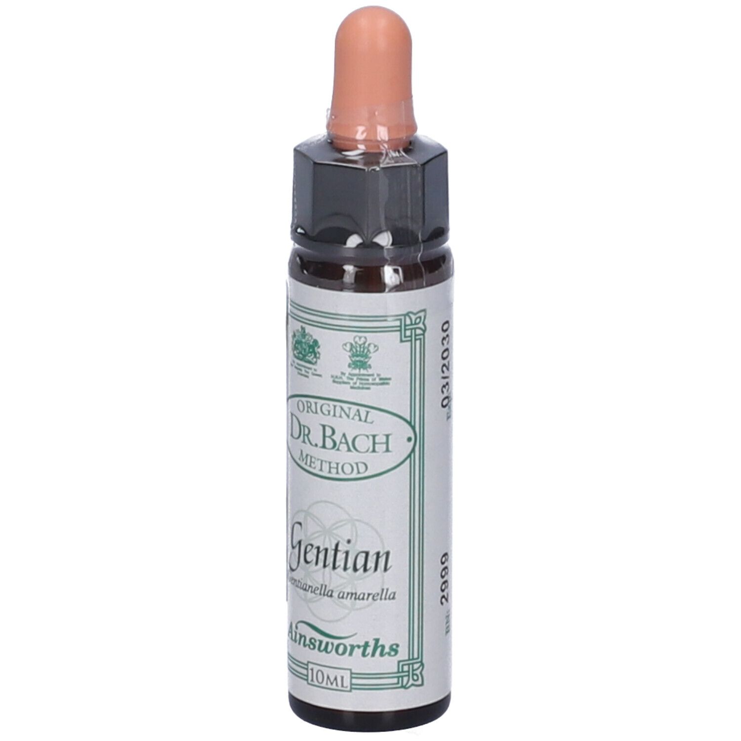 Flacone di vetro marrone con contagocce. Scritta: Original Dr. Bach Method, Gentian, Ainsworths, 10ml, 03/2030.