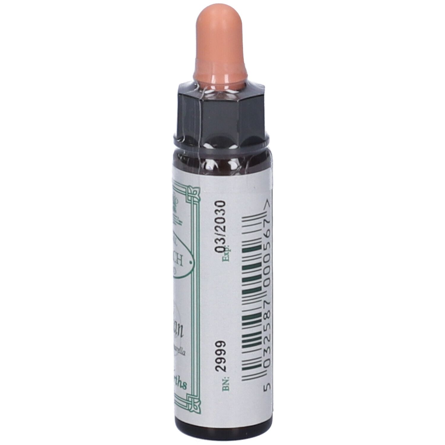 Flacone di vetro marrone con contagocce. Scritta: Original Dr. Bach Method, Gentian, Ainsworths, 03/2030, 5 032587 000567.