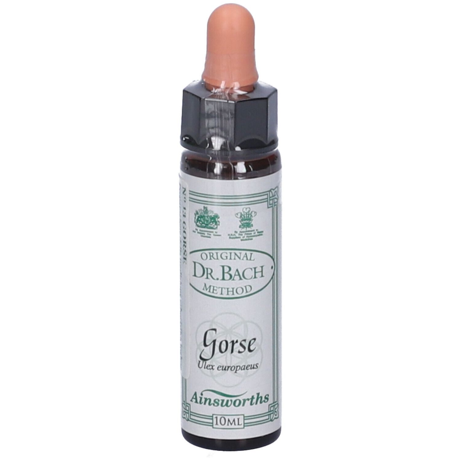 Flacone di vetro marrone con contagocce. Etichetta con testo: Gorse, Ulex europaeus, Ainsworths. Original Dr. Bach Method.