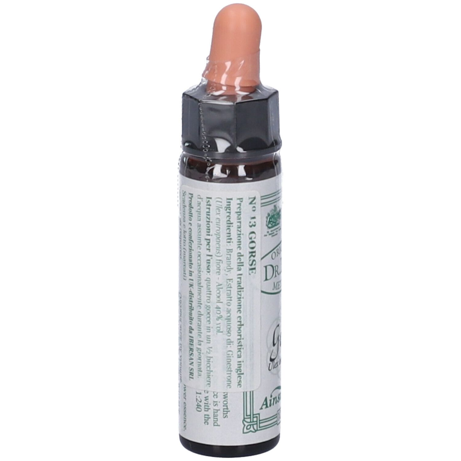 Flacone di vetro marrone con contagocce, confezionato in pellicola. Etichetta con testo: Gorse, Ulex europaeus, Ainsworths.