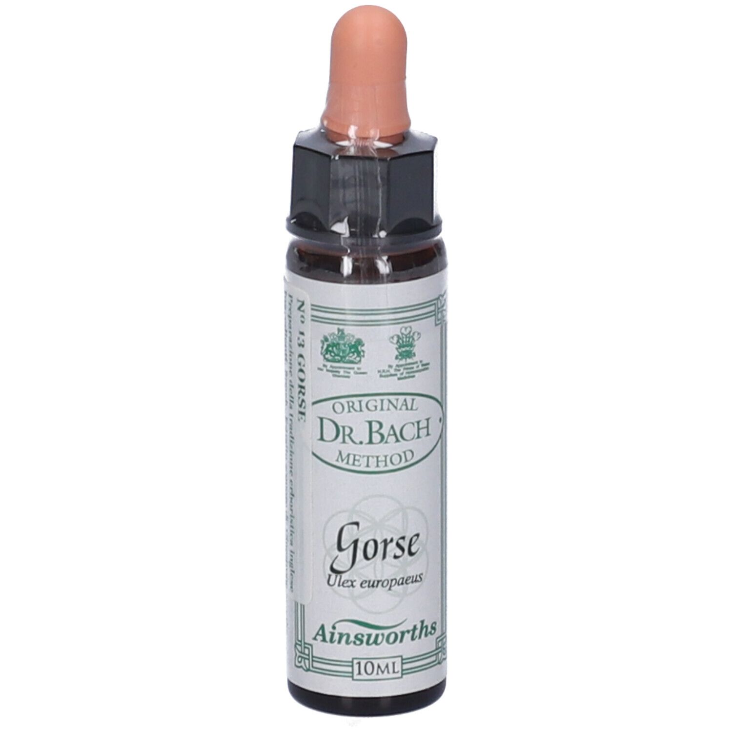 Flacone di vetro marrone con contagocce. Etichetta con testo: Gorse, Ulex europaeus, Ainsworths. Original Dr. Bach Method.