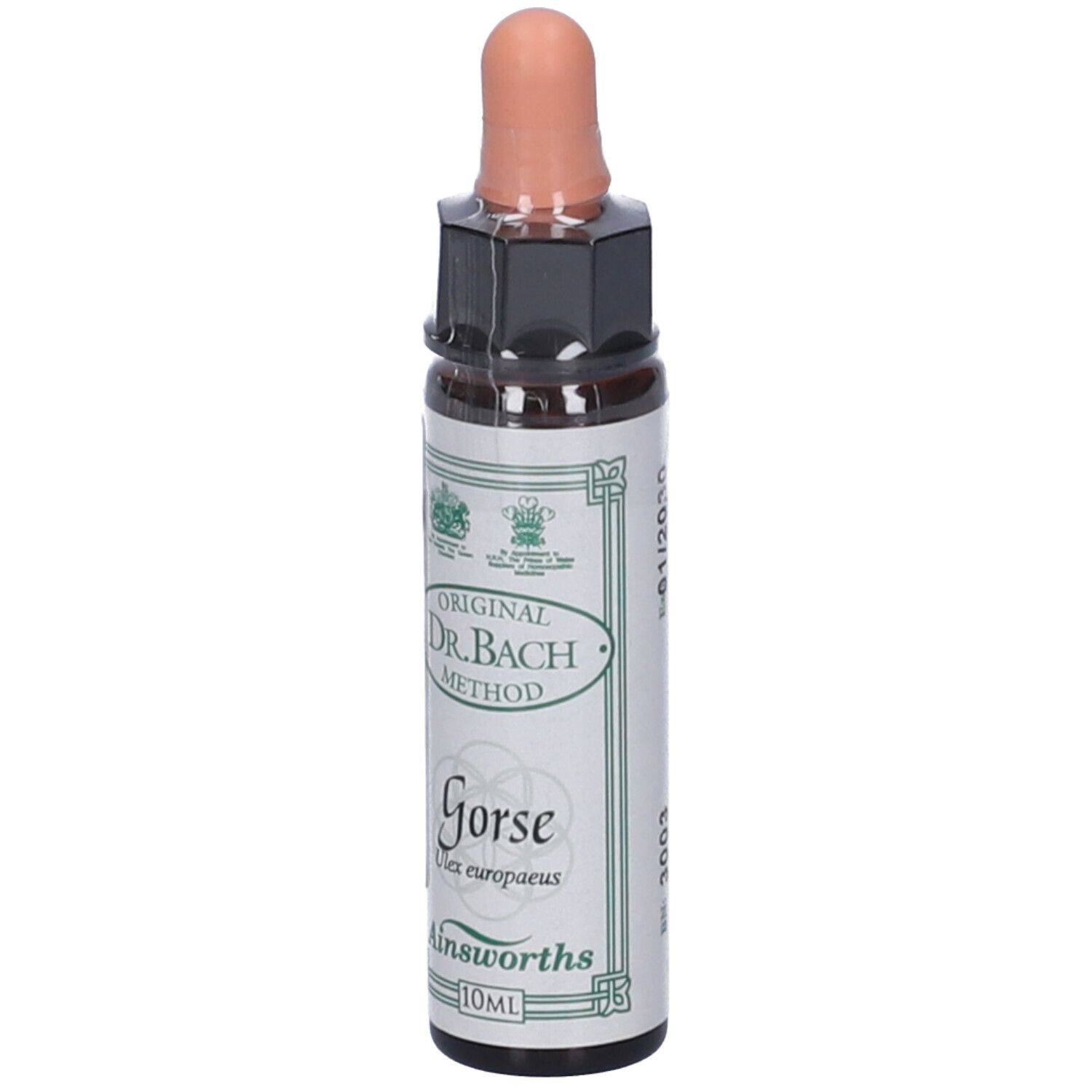 Flacone di vetro marrone con contagocce. Etichetta con testo: Gorse, Ulex europaeus, Ainsworths. Original Dr. Bach Method.