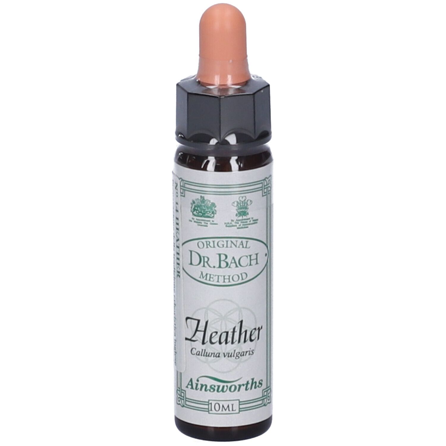 Flacone di vetro marrone con contagocce. Etichetta con "Original Dr. Bach Method", "Heather" e "Ainsworths".