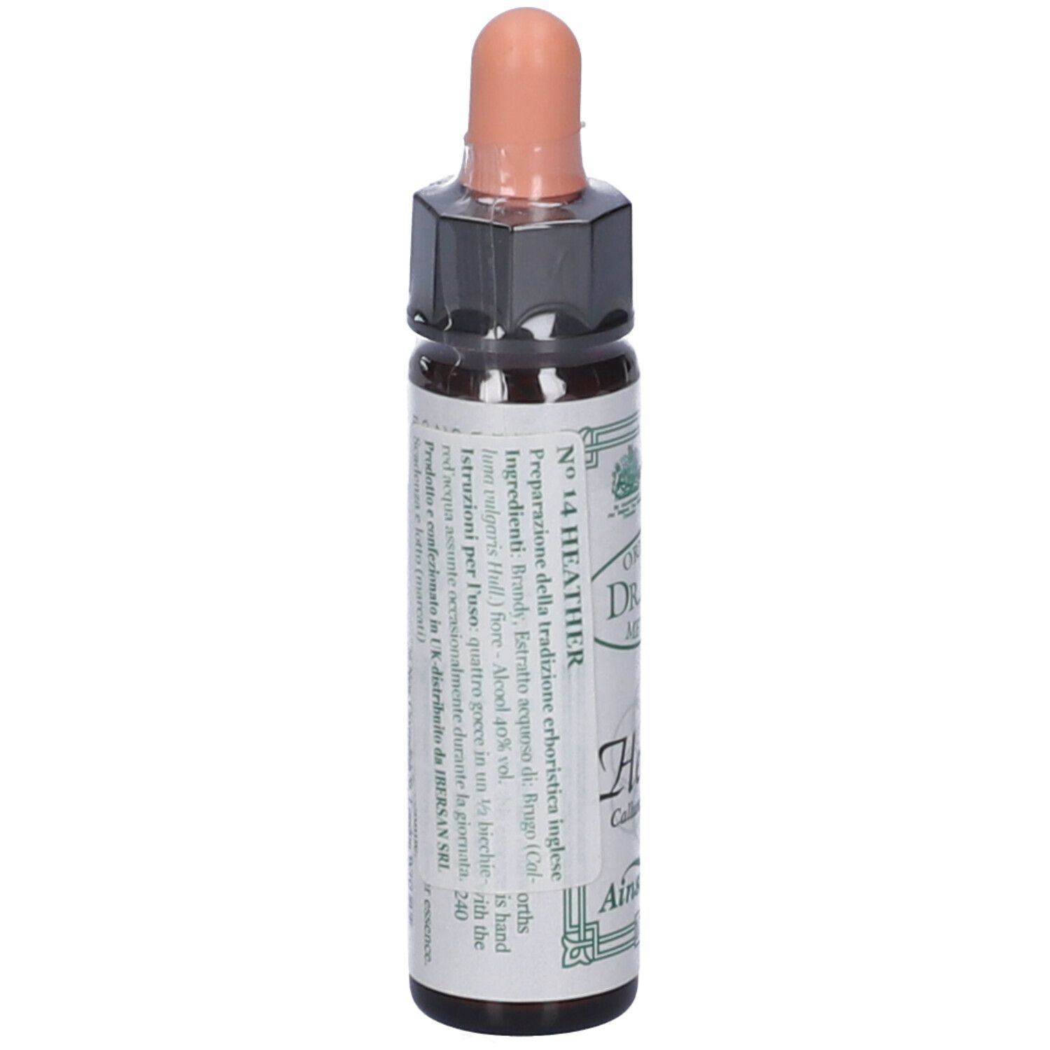 Flacone di vetro marrone con contagocce. Etichetta con testo e ingredienti. Retro con codice a barre.