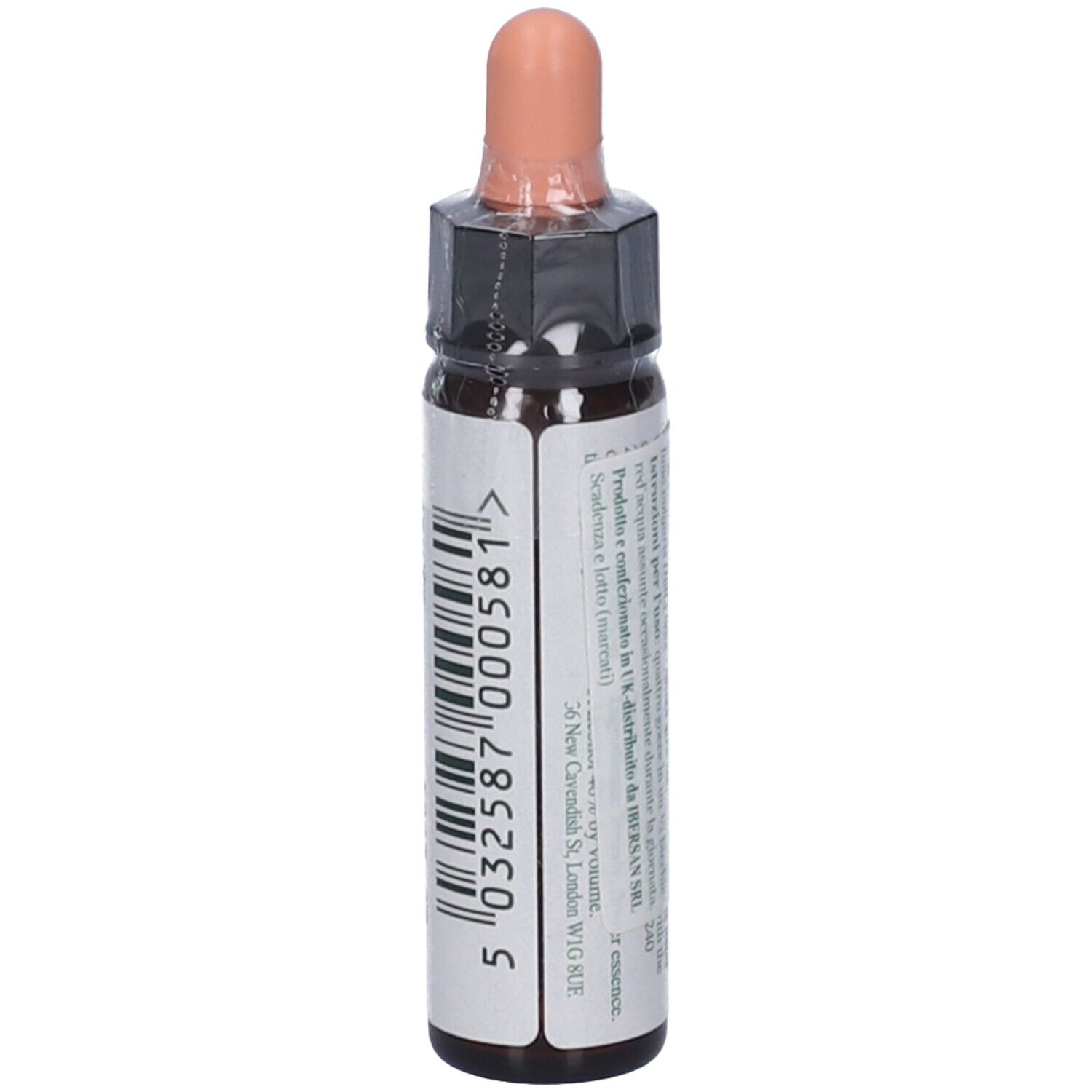 Flacone di vetro marrone con contagocce. Retro con codice a barre e testo. Etichetta con testo.