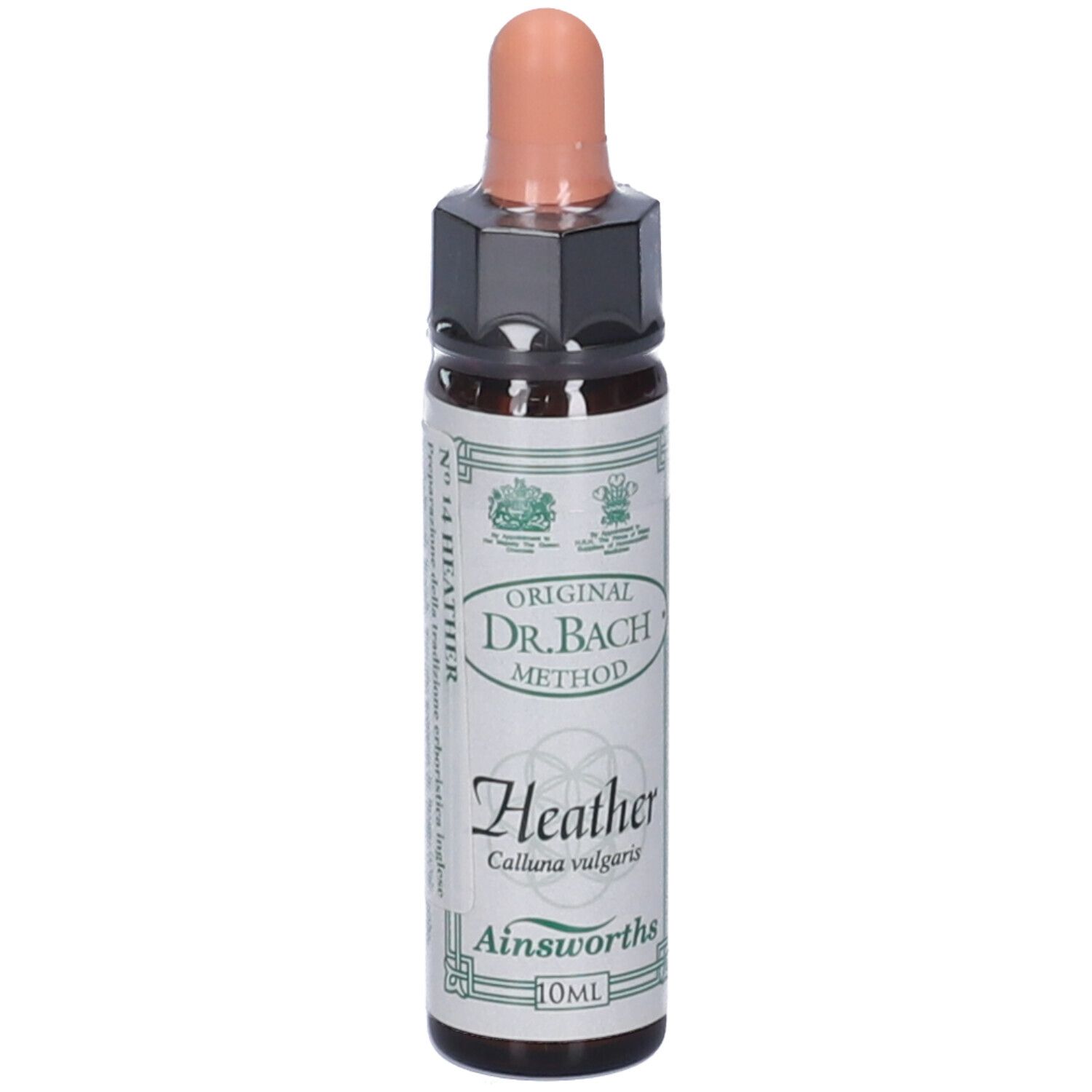 Flacone di vetro marrone con contagocce. Etichetta con "Original Dr. Bach Method", "Heather" e "Ainsworths".