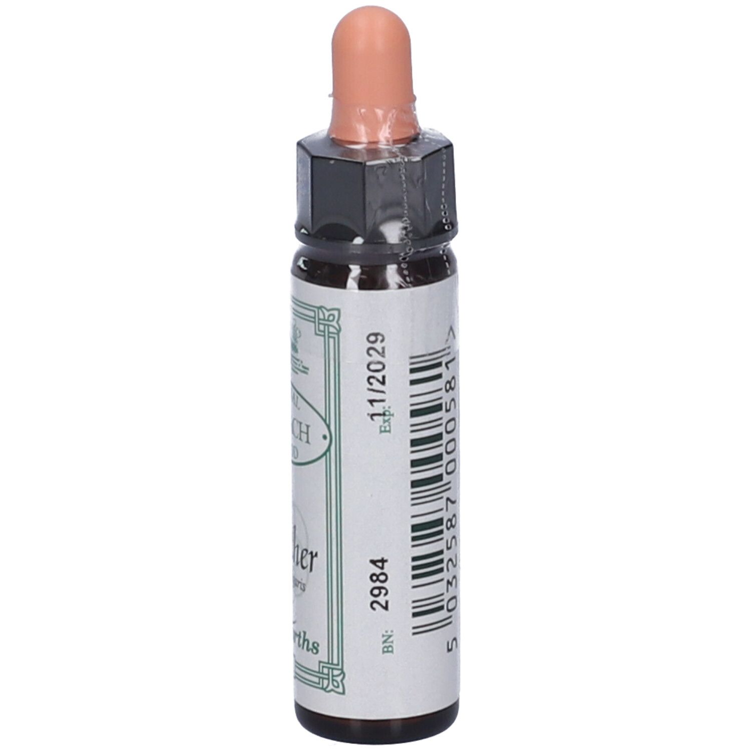 Flacone di vetro marrone con contagocce. Retro con codice a barre e testo. Etichetta con testo.