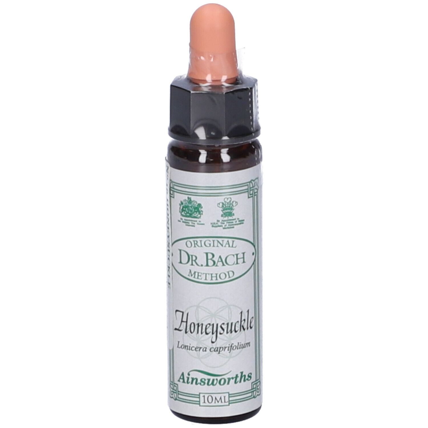 Flacone marrone con contagocce. Scritta: Honeysuckle, Ainsworths, 10ml.