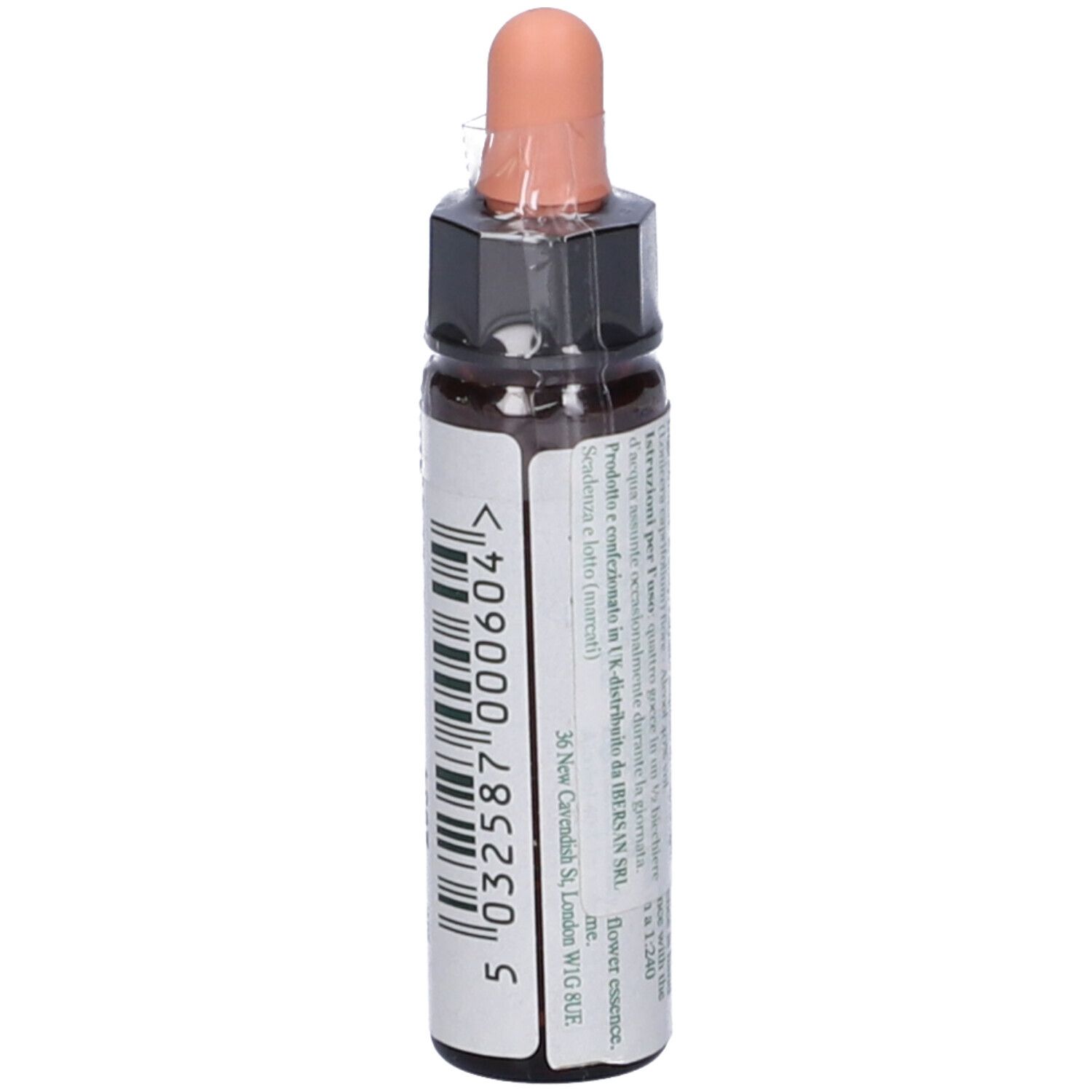 Flacone marrone con contagocce. Scritta: Honeysuckle, Ainsworths. Codice a barre e testo.
