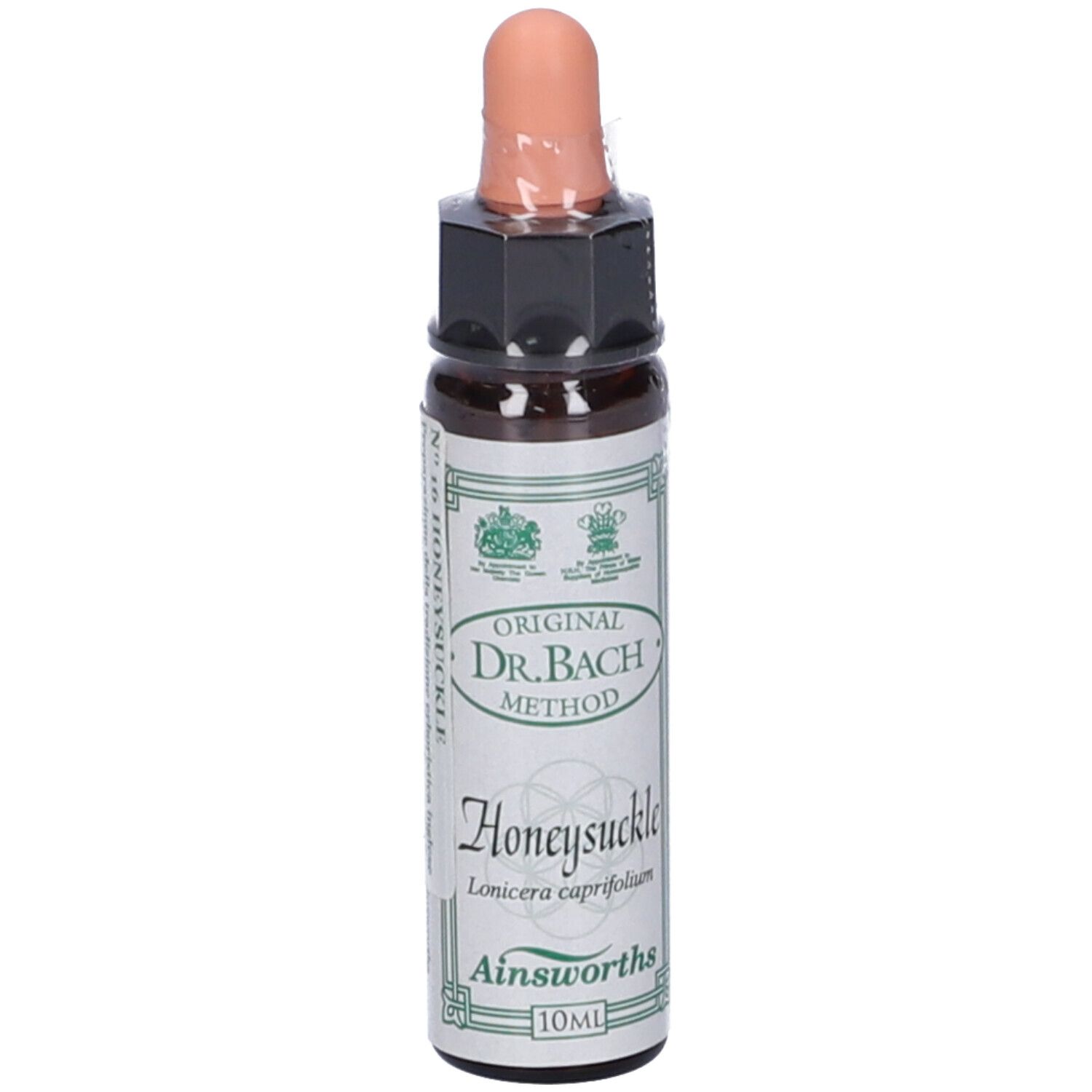 Flacone marrone con contagocce. Scritta: Honeysuckle, Ainsworths, 10ml.