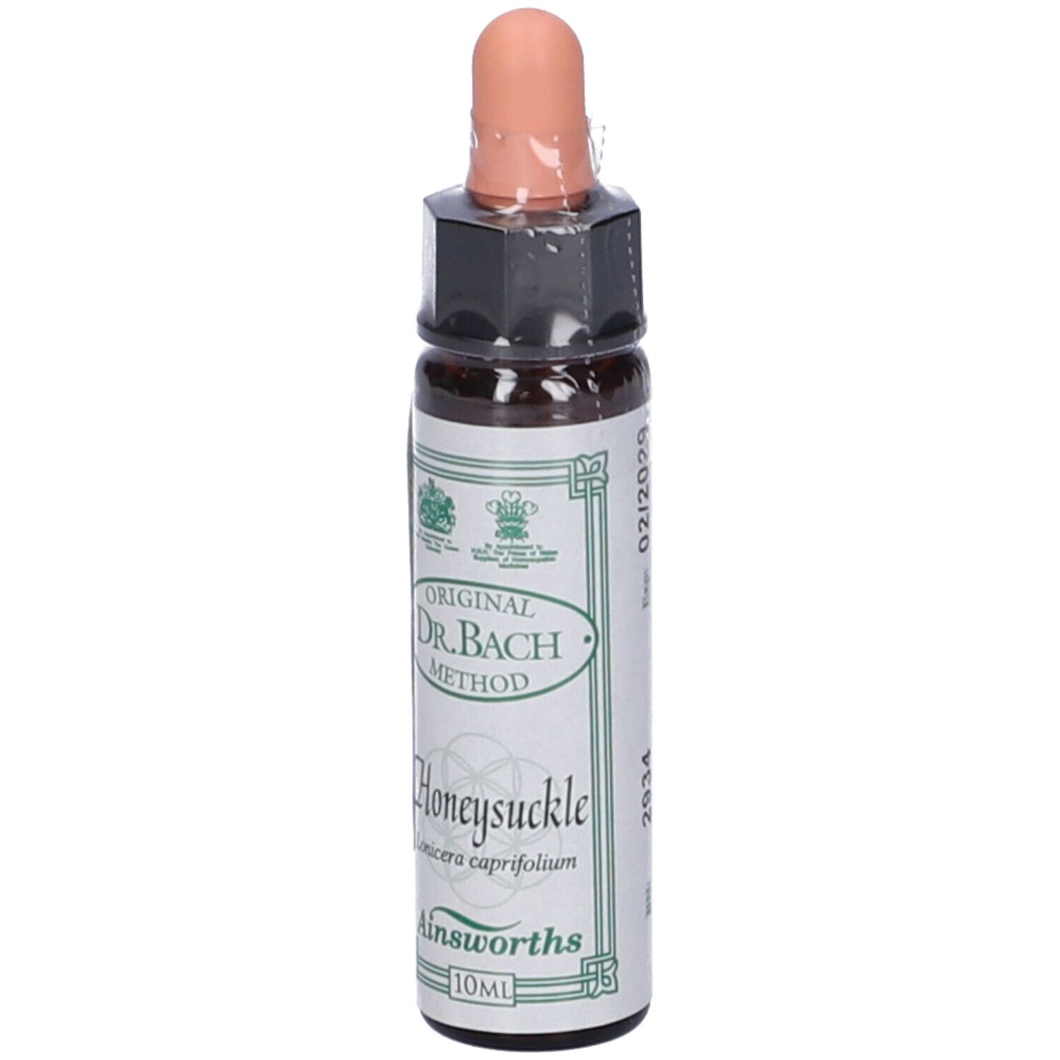Flacone marrone con contagocce. Scritta: Honeysuckle, Ainsworths, 10ml. Con data di scadenza.