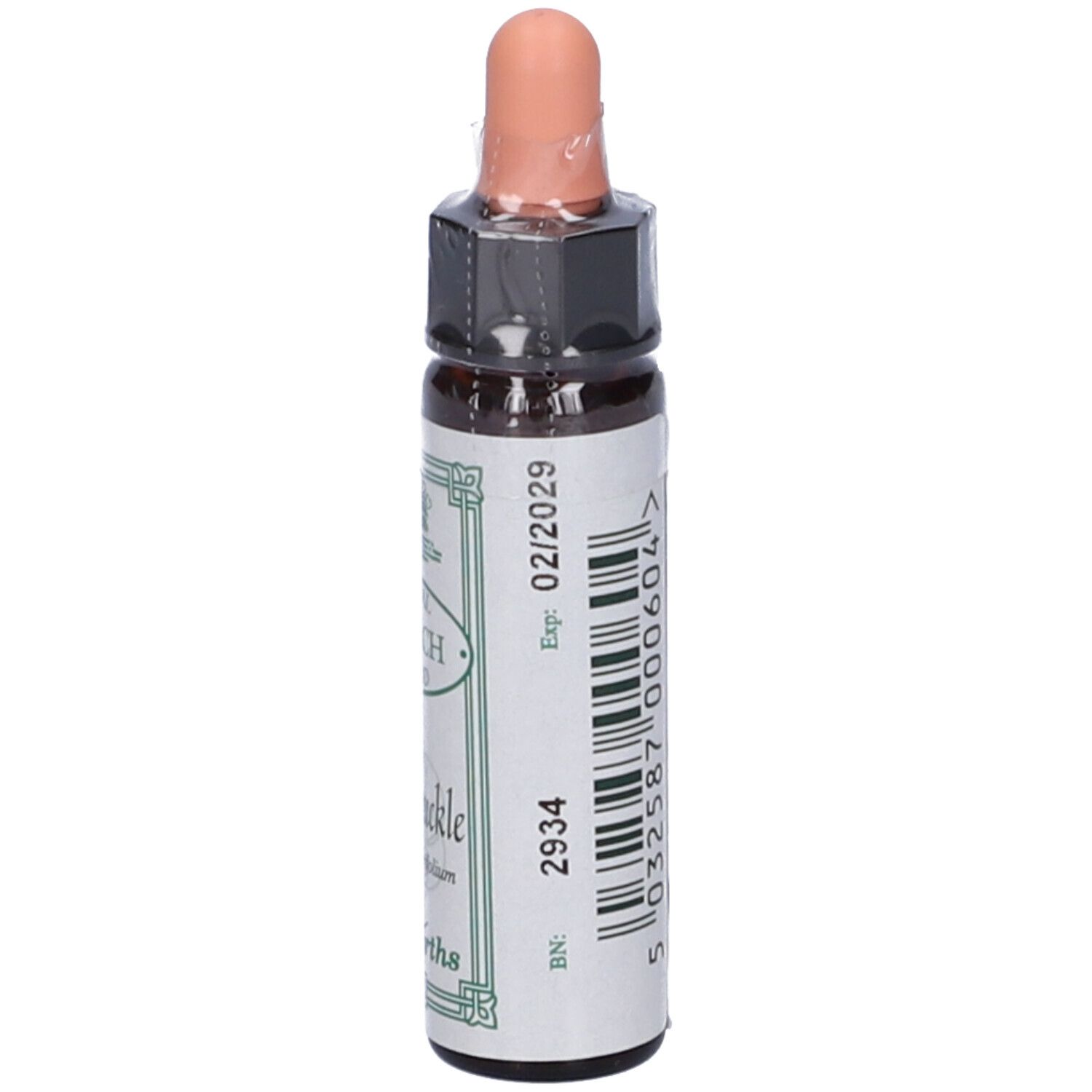 Flacone marrone con contagocce. Scritta: Honeysuckle, Ainsworths, 10ml. Con data di scadenza.