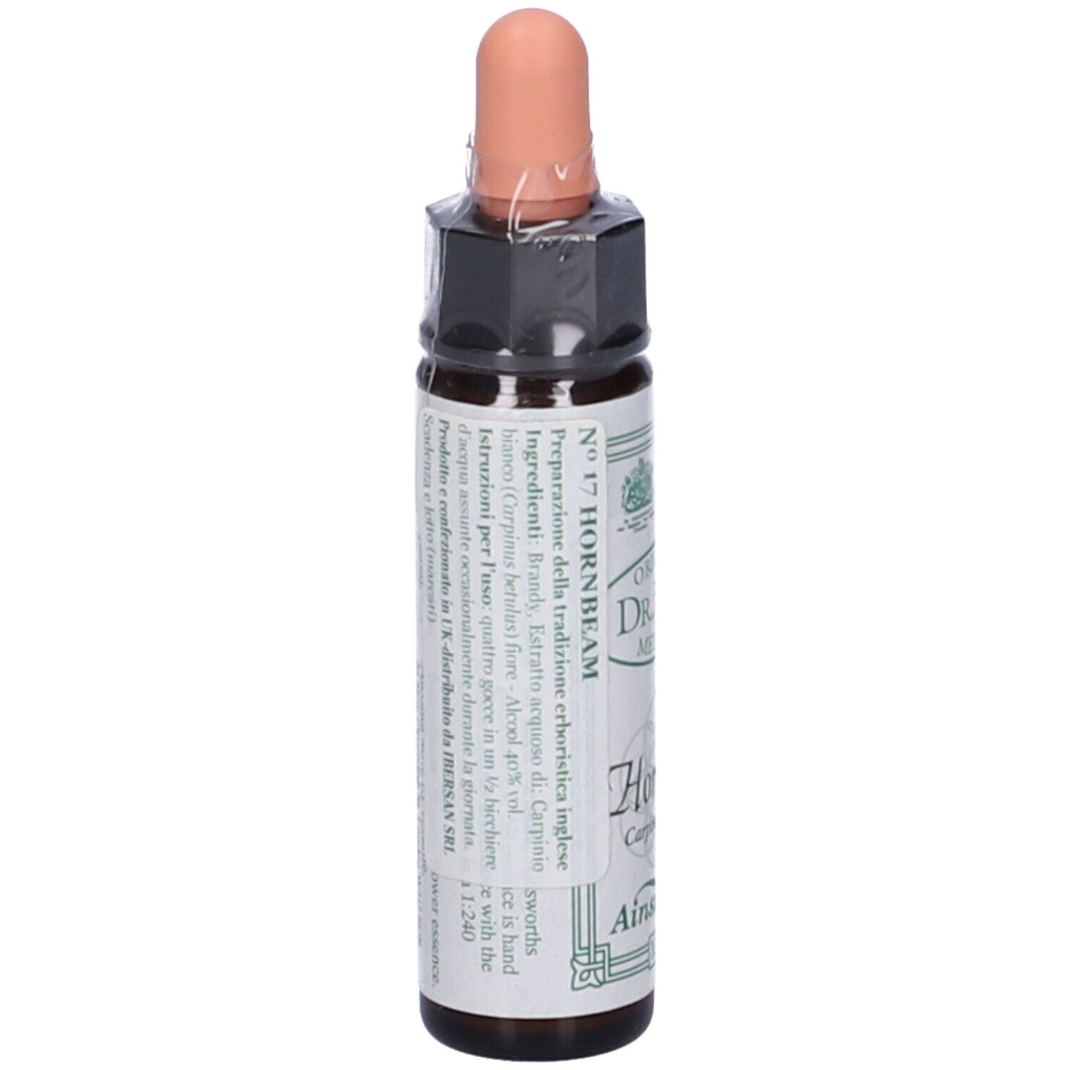 Flacone di vetro marrone con contagocce. Scritta: Hornbeam, Ainsworths, 10ml. Original Dr. Bach Method. Elenco ingredienti.
