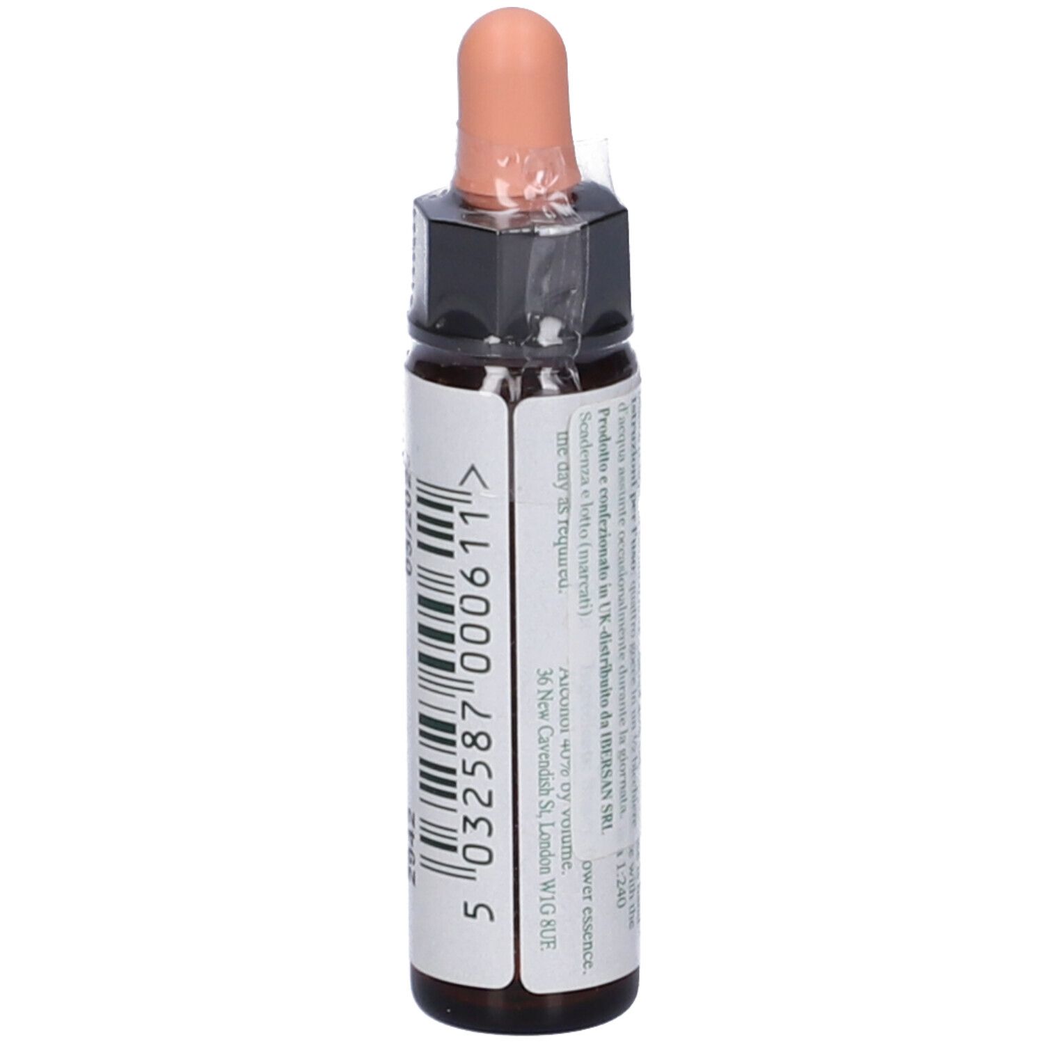 Flacone di vetro marrone con contagocce. Codice a barre e testo sull'etichetta. Ainsworths. 10ml.