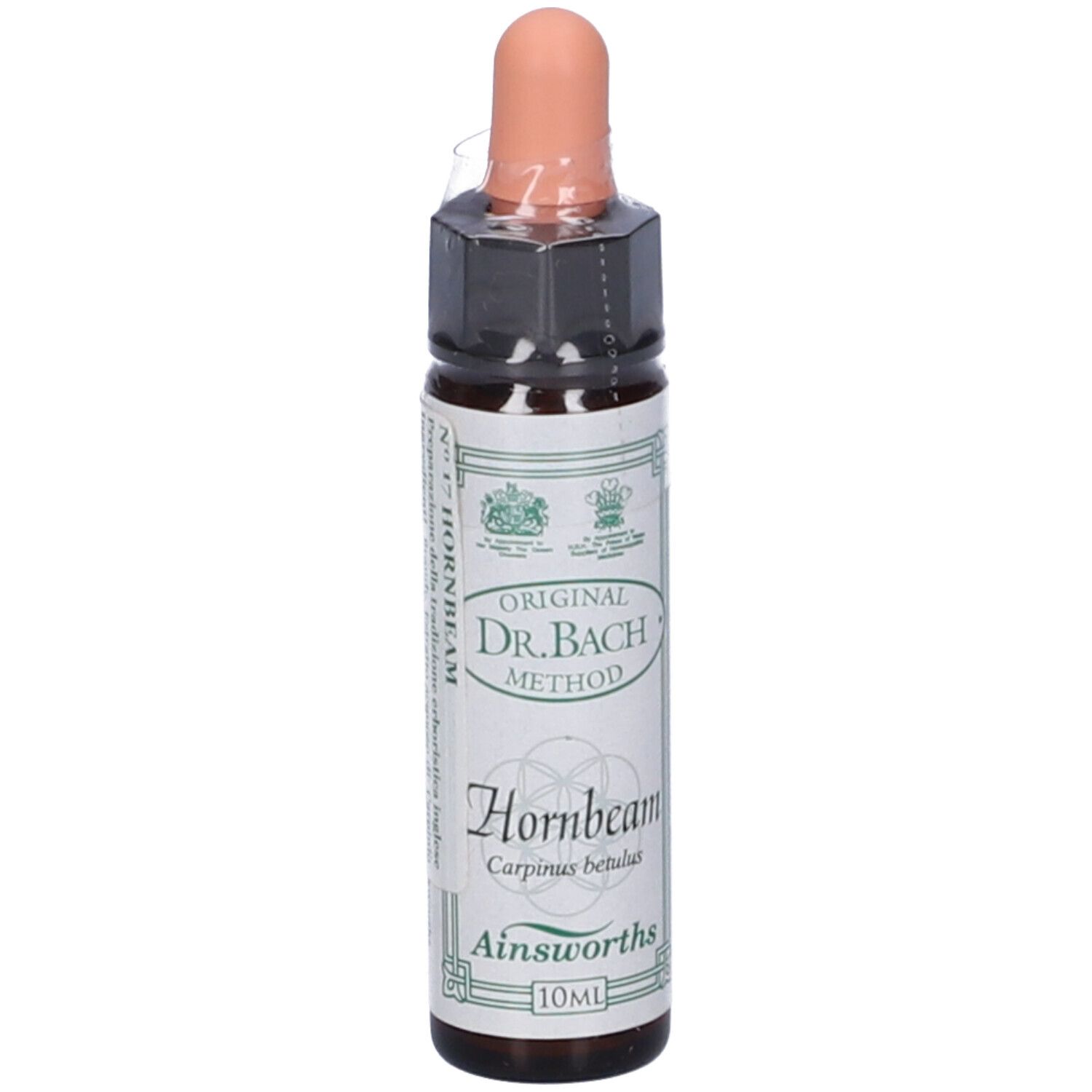Flacone di vetro marrone con contagocce. Scritta: Hornbeam, Ainsworths, 10ml. Original Dr. Bach Method.