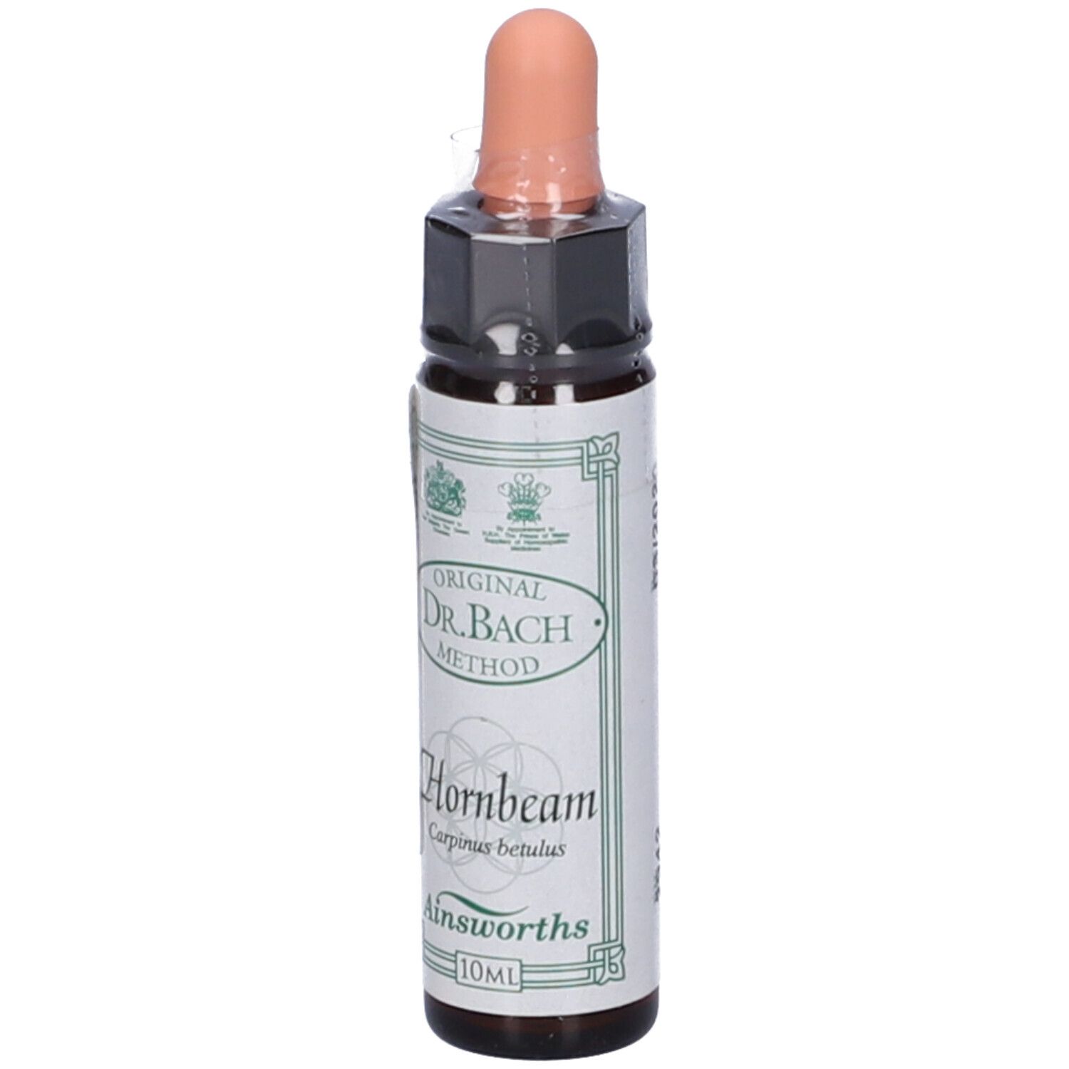 Flacone di vetro marrone con contagocce. Scritta: Hornbeam, Ainsworths, 10ml. Original Dr. Bach Method.
