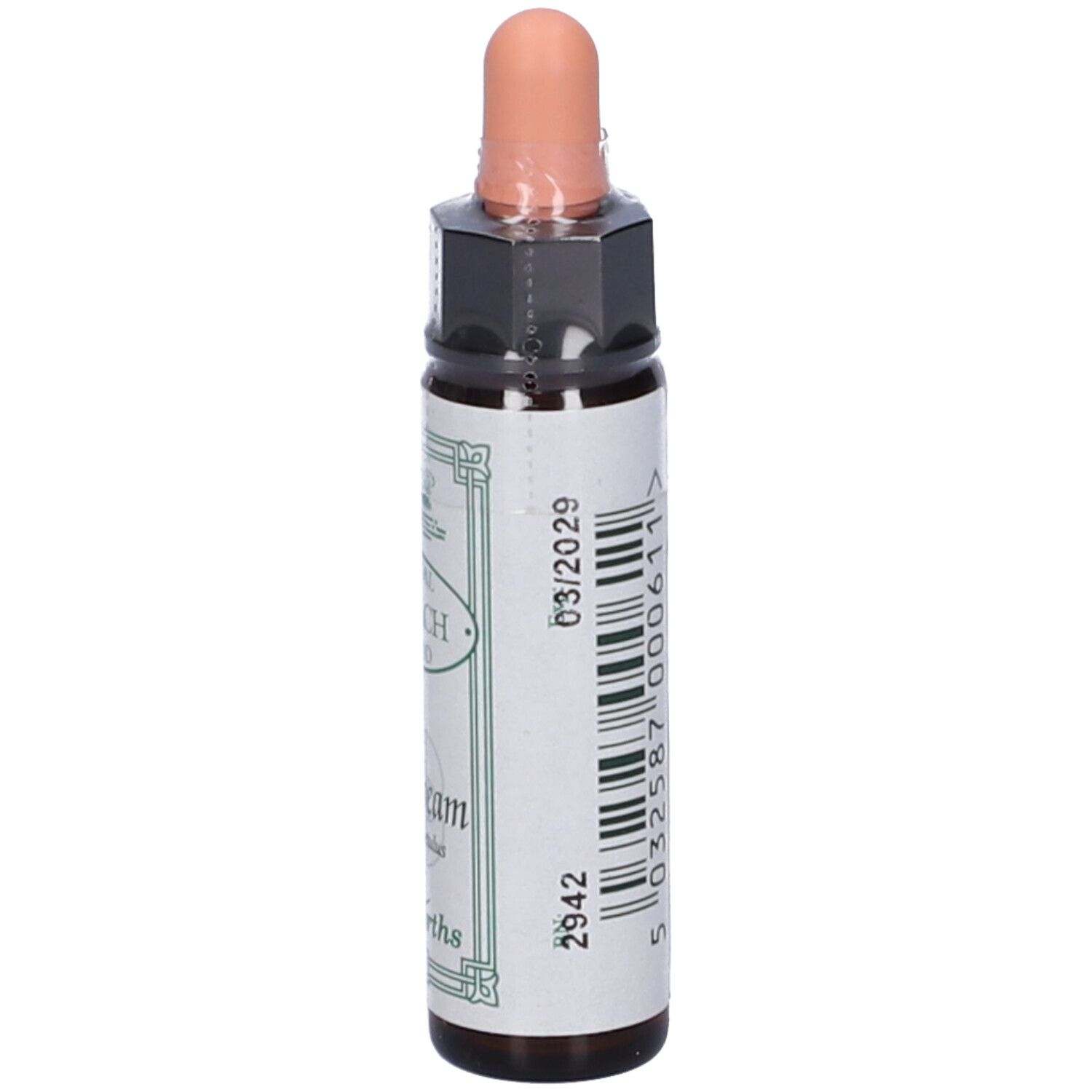 Flacone di vetro marrone con contagocce. Codice a barre e testo sull'etichetta. Ainsworths. 10ml. Scadenza.