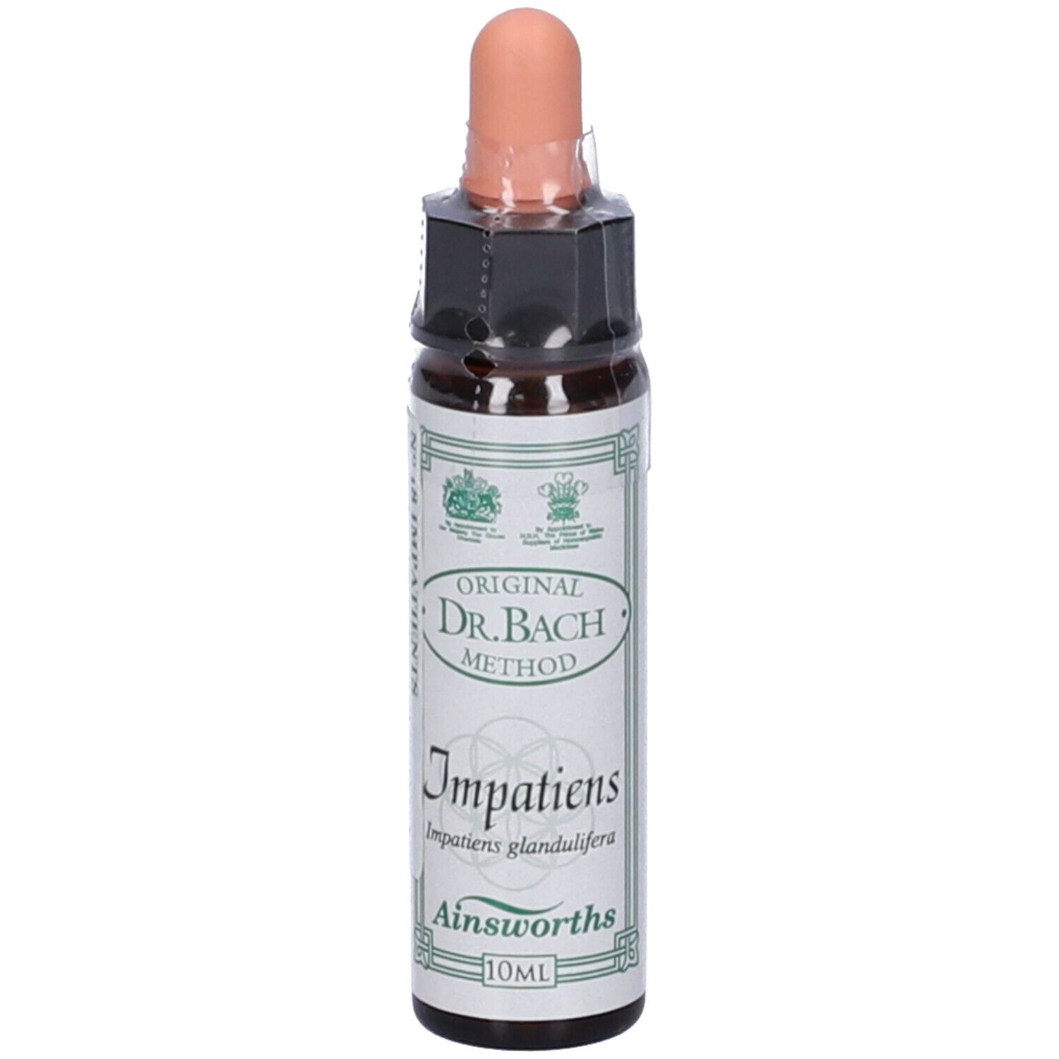Flacone di vetro marrone con contagocce. Etichetta con Impatiens e Ainsworths. 10ml.