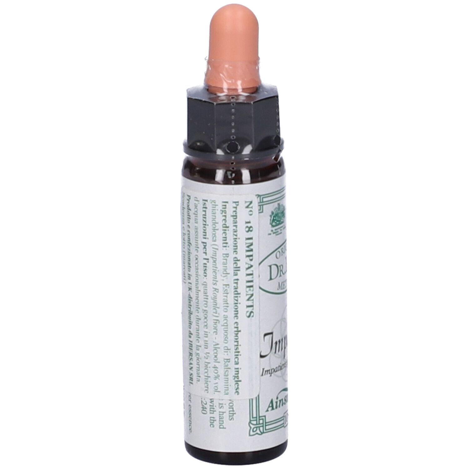 Flacone di vetro marrone con contagocce. Etichetta con testo e Impatiens. 10ml.