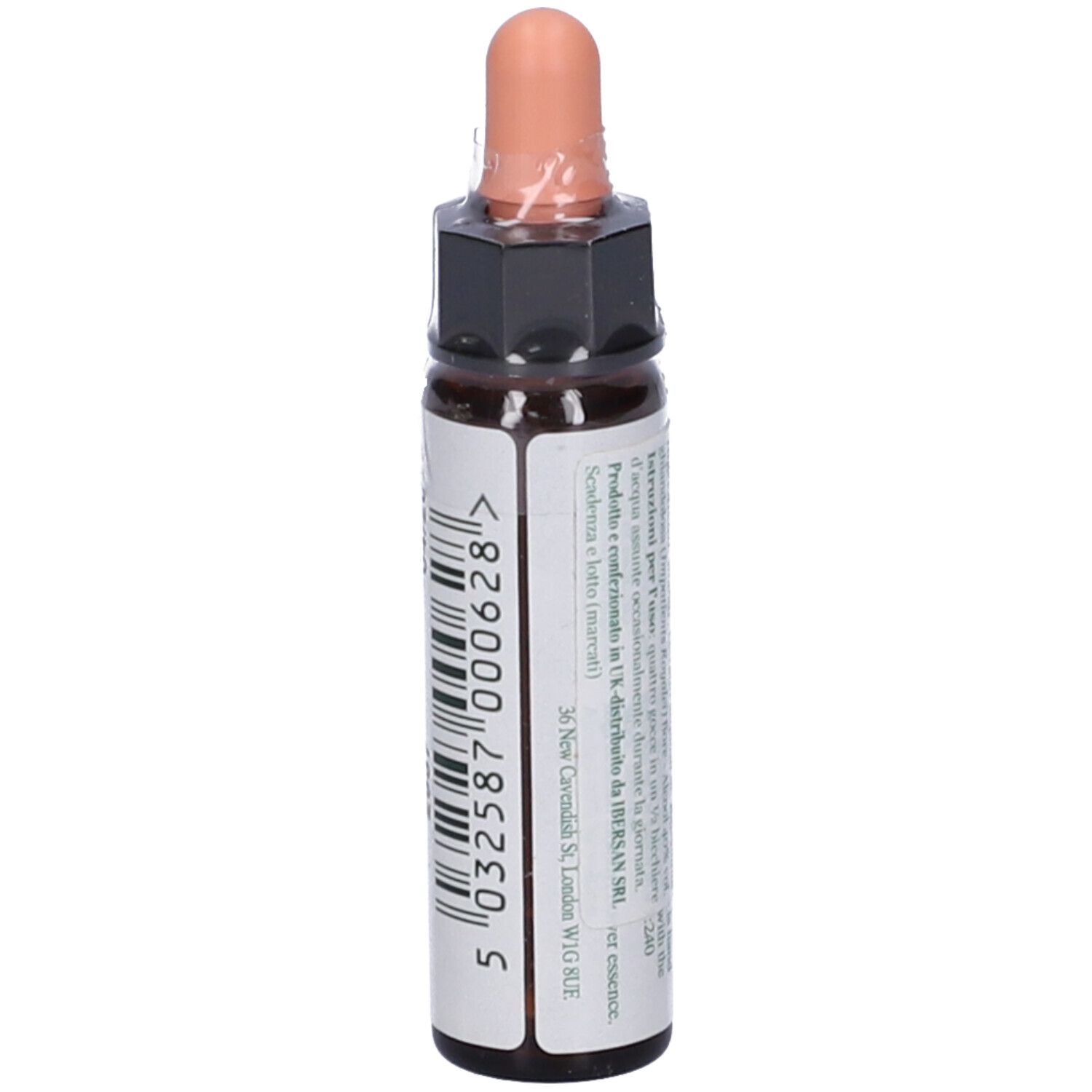 Flacone di vetro marrone con contagocce. Etichetta con testo e Impatiens. 10ml.